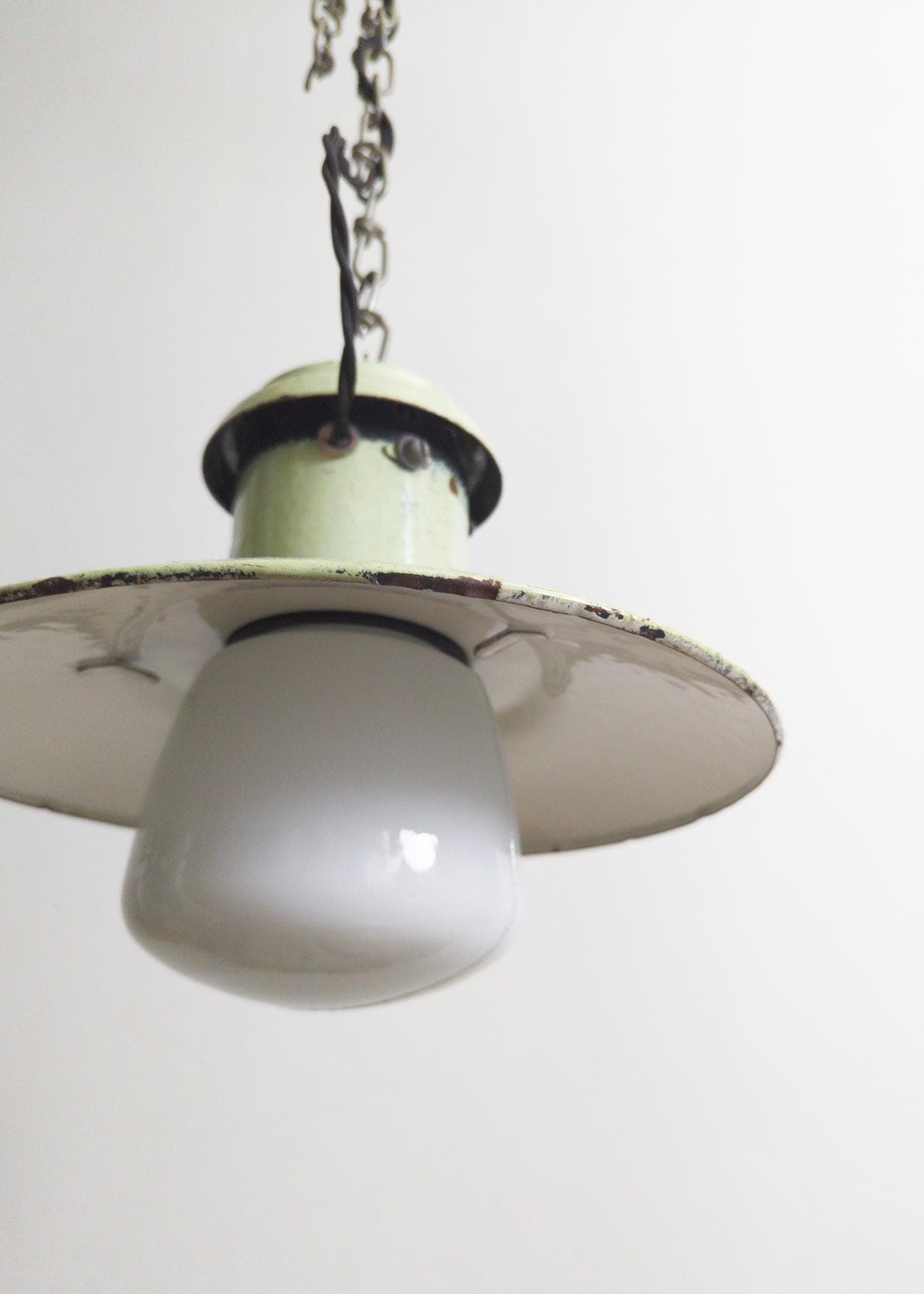industrial porcelain enamel hanging light - sage green/white - metal/glass/long chain/twisted fabric cable wire flexible cord - image 3