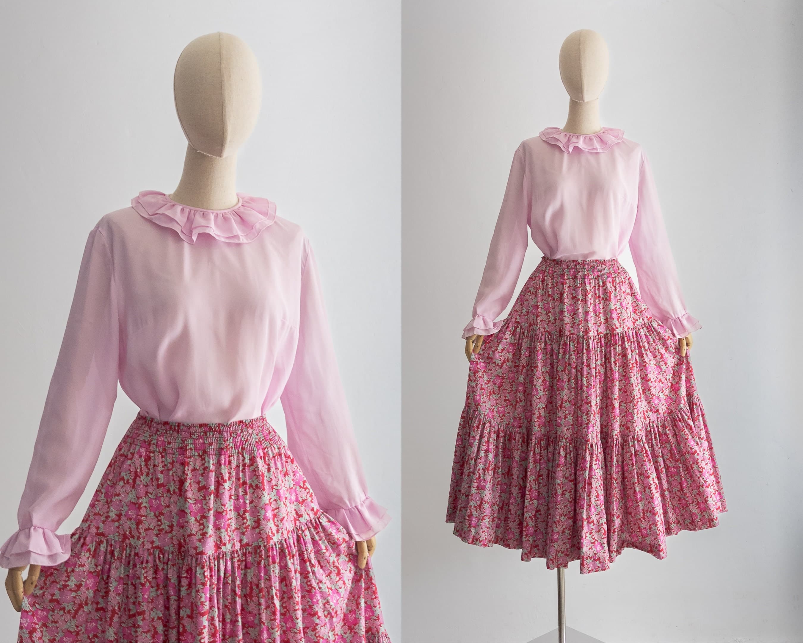 1960s blouse pierrot collar pink lilac top long sleeve double ruffle cuffs and flat collar keyhole back, solid pink semi sheer fabric