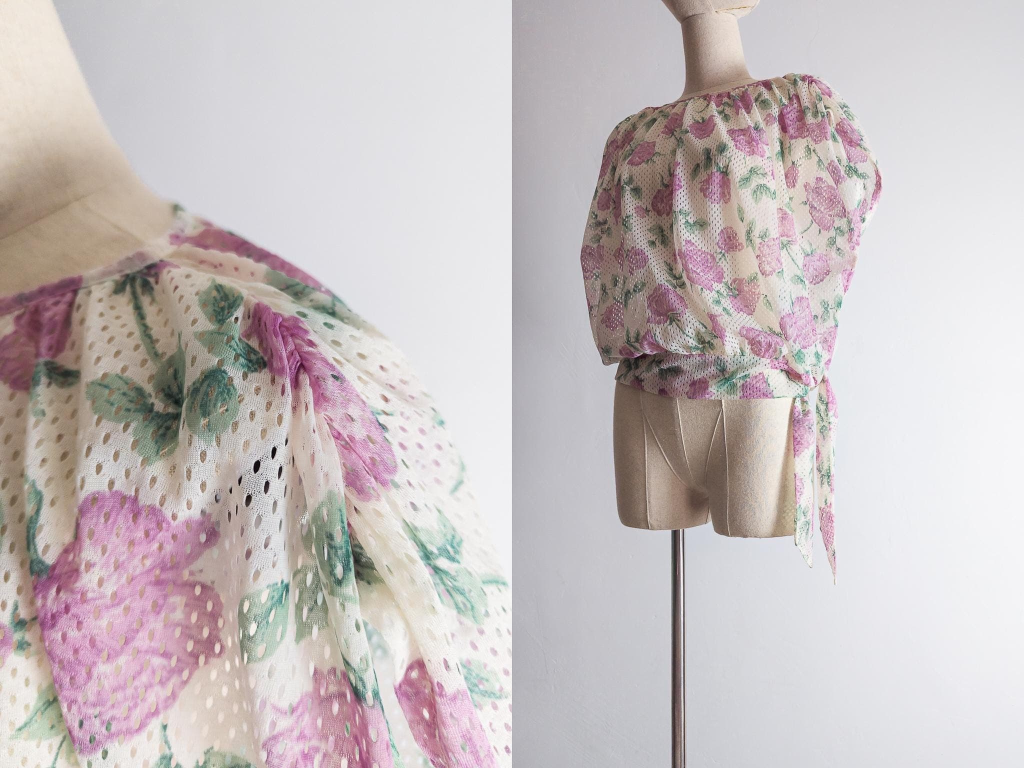 botanical mesh blouse - off-white/pale mauve/dusty teal green (s/m/l)