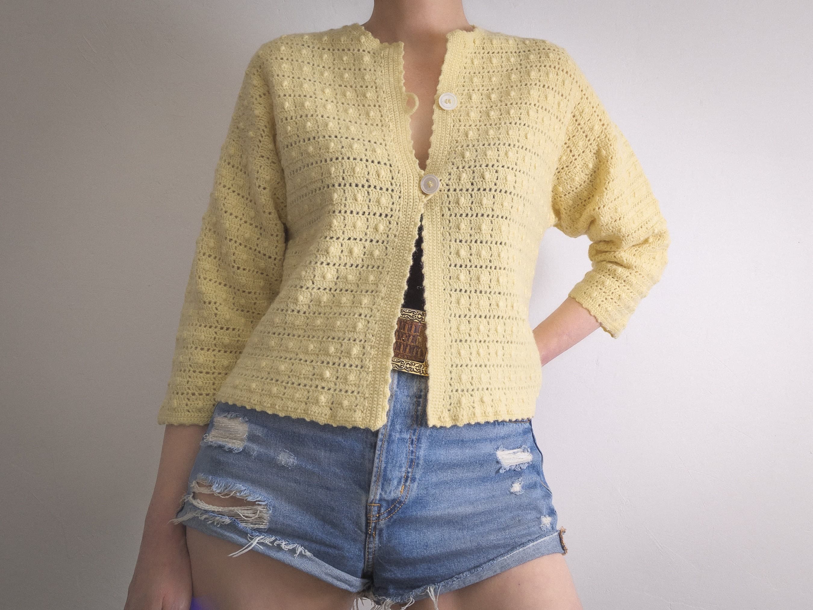 lace crochet polka dot wool top vintage 1960s bedjacket shortgown style open lace stitches, exquisite popcorn, crochet swiss dot style - image 3