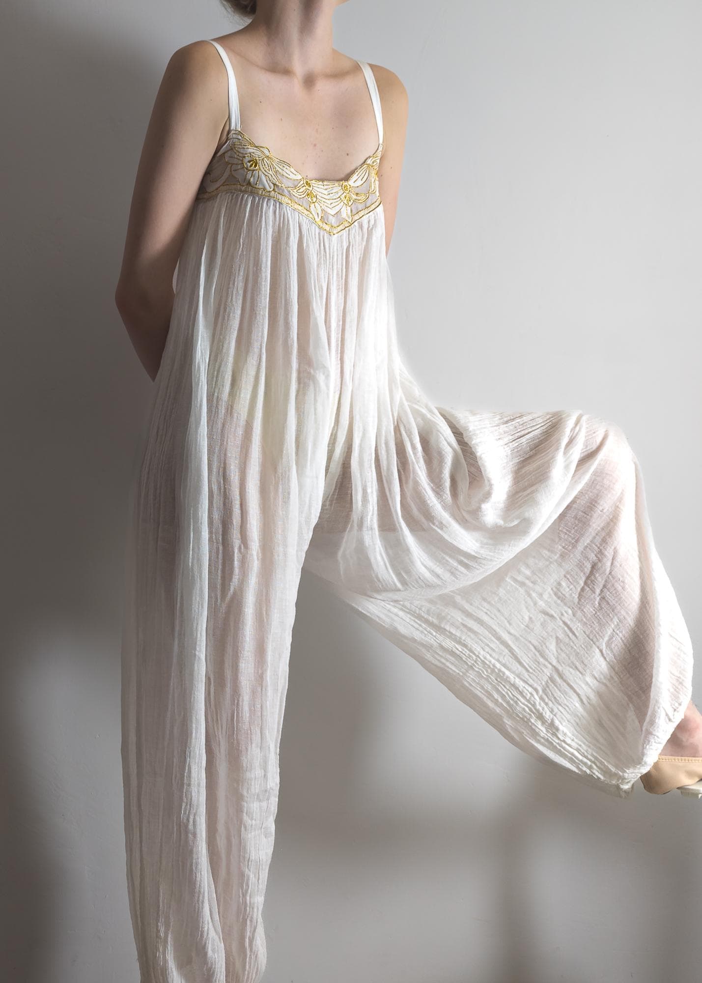 indian 60s boho white gauze jumpsuit w/gold embroidery by free look. spaghetti strap petite jumpsuit. harem pants semisheer jumpsuit xs/s - image 5