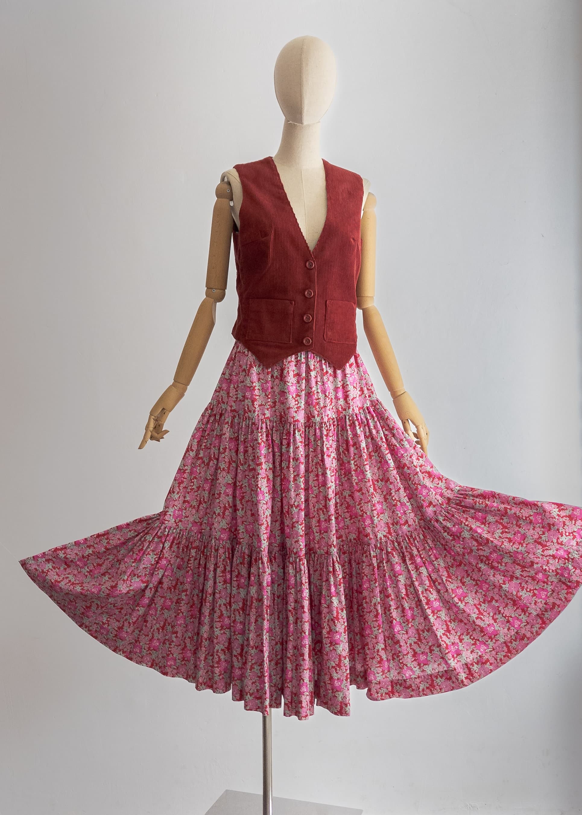 rare find 70s Laura Ashley corduroy vest burgundy lined buttoned cropped patch pockets, back short tie belts, made in Carno Wales UK, small - image 5