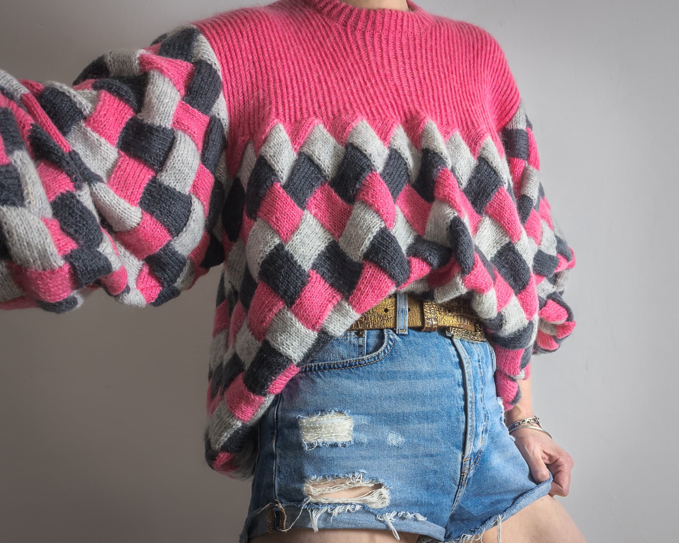 checkered knit sweater balloon sleeve knit check jumper vintage hand knit wool mohair hot pink gray checkerboard relaxed fit knit sweater - image 3