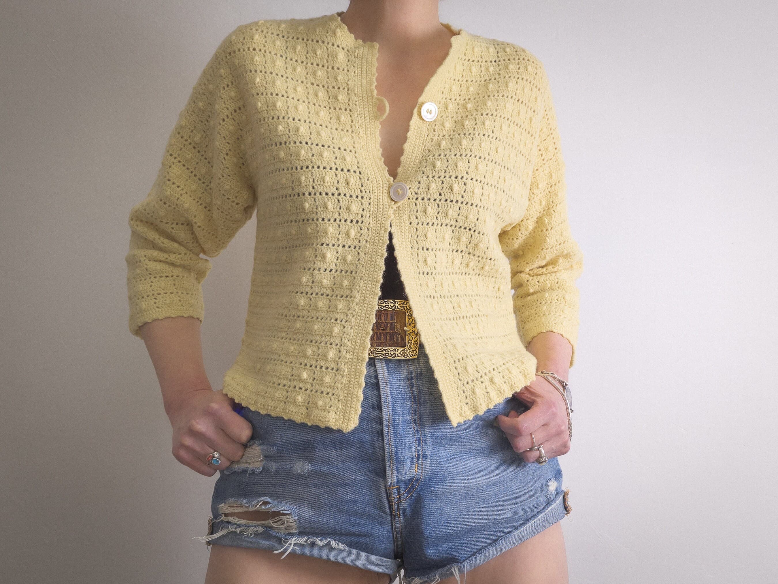 lace crochet polka dot wool top vintage 1960s bedjacket shortgown style open lace stitches, exquisite popcorn, crochet swiss dot style