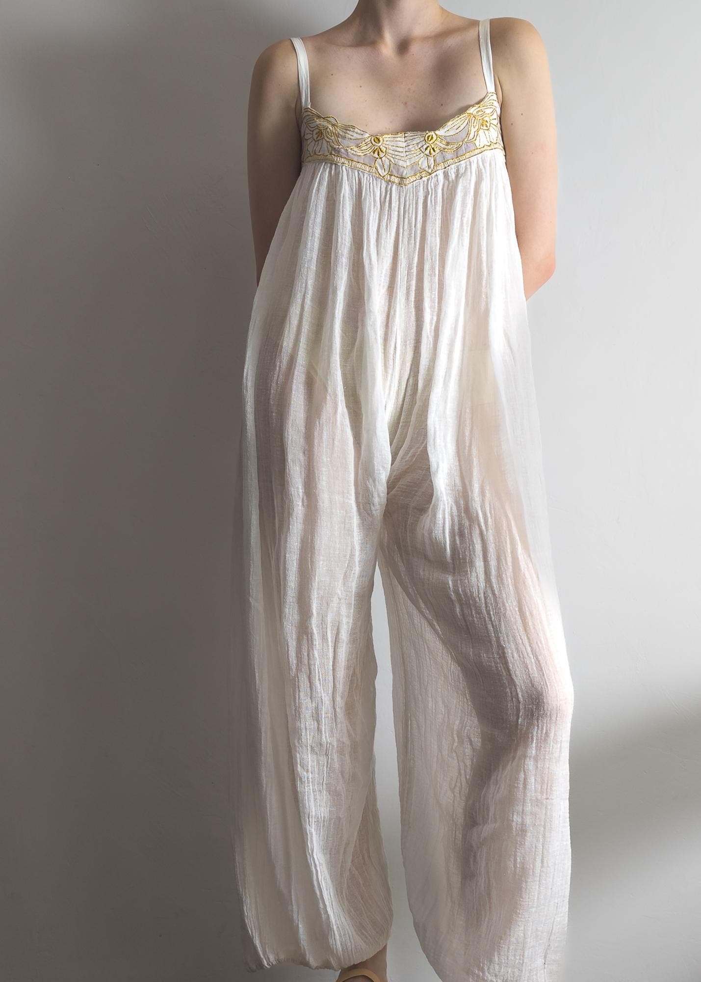 indian 60s boho white gauze jumpsuit w/gold embroidery by free look. spaghetti strap petite jumpsuit. harem pants semisheer jumpsuit xs/s - image 4