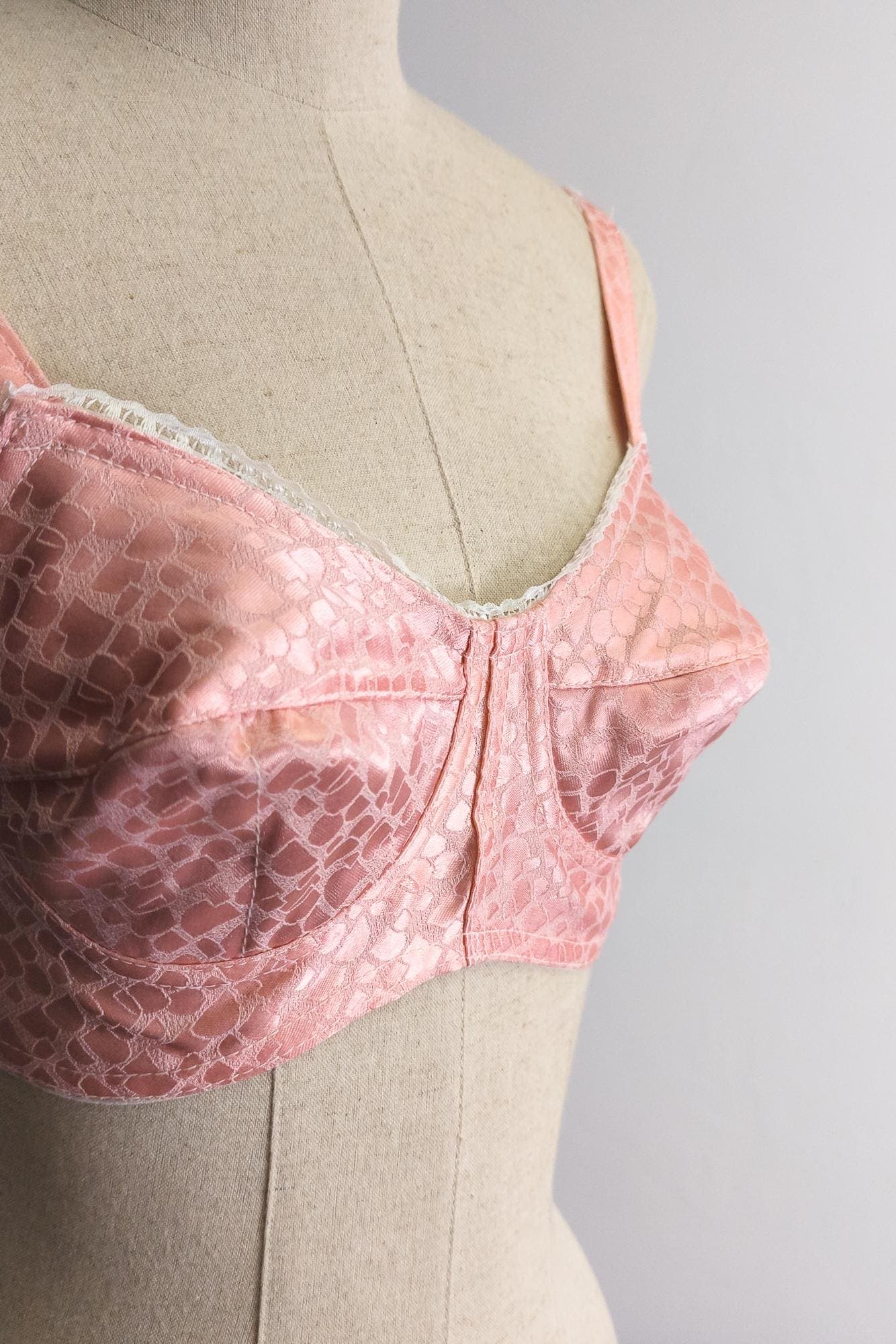 1990s bullet bra vintage 90s light hot pink jacquard cotton satin strap bullet bra vintage 1990's conical bust  - image 4