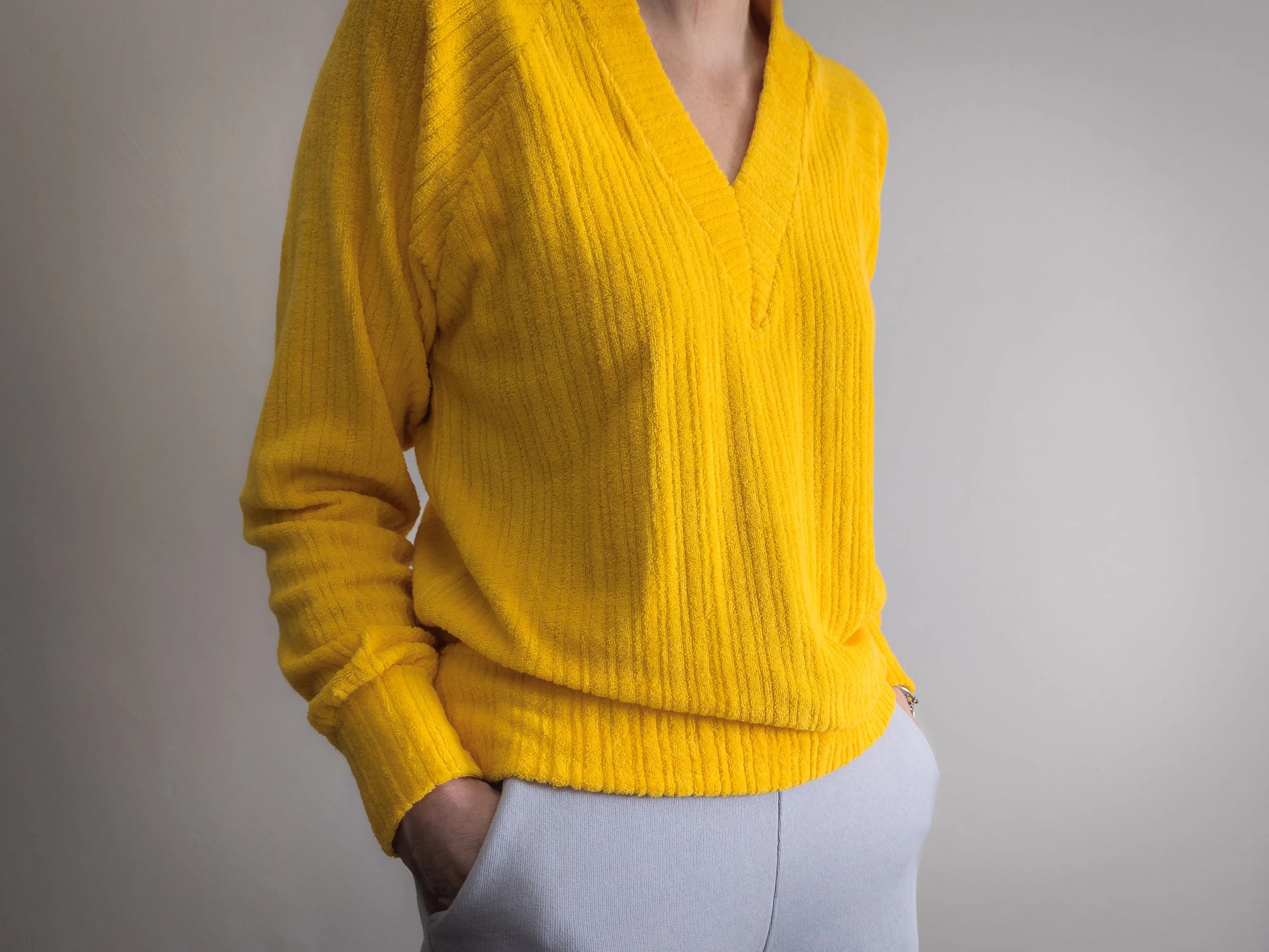 sporty terry pullover top vintage 1980s yolk yellow stretchy cotton and nylon blend rib knit terrycloth long sleeve loose top t-shirt shirt