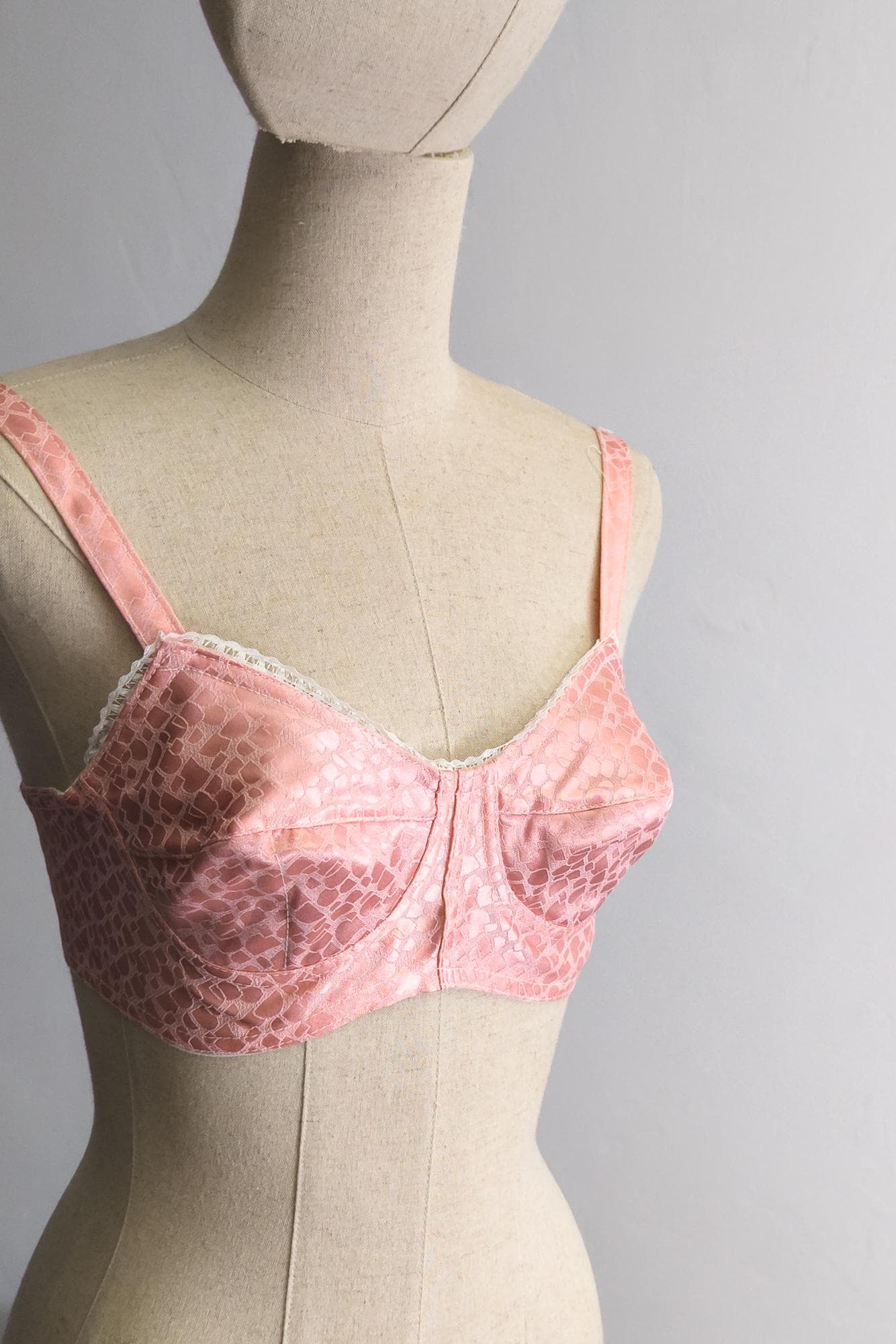 1990s bullet bra vintage 90s light hot pink jacquard cotton satin strap bullet bra vintage 1990's conical bust  - image 3