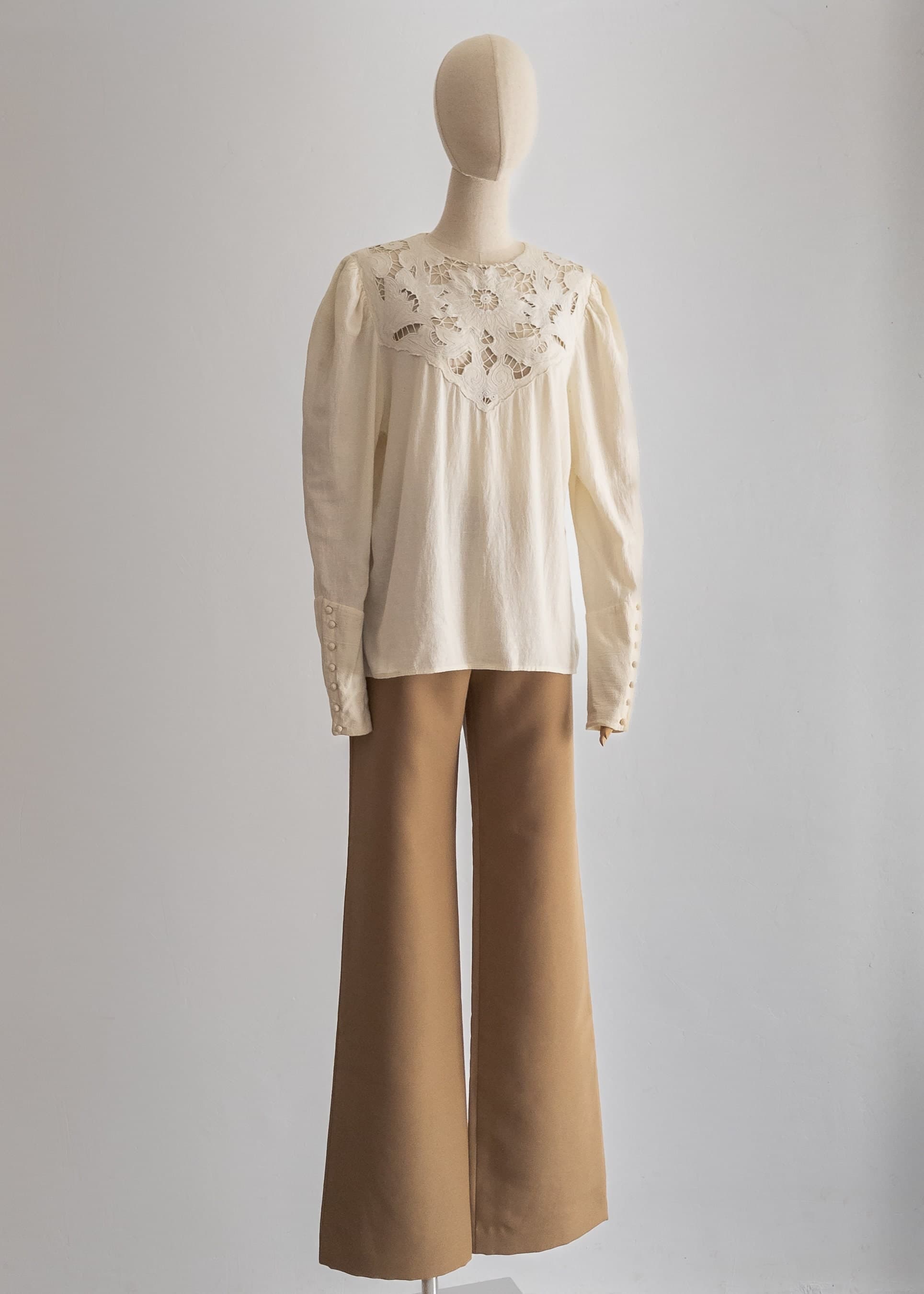 richelieu embroidery blouse poet sleeve creamy cutwork lace neckline blouse, unique blouse, bohemian lace top long sleeve, crochet buttons - image 5