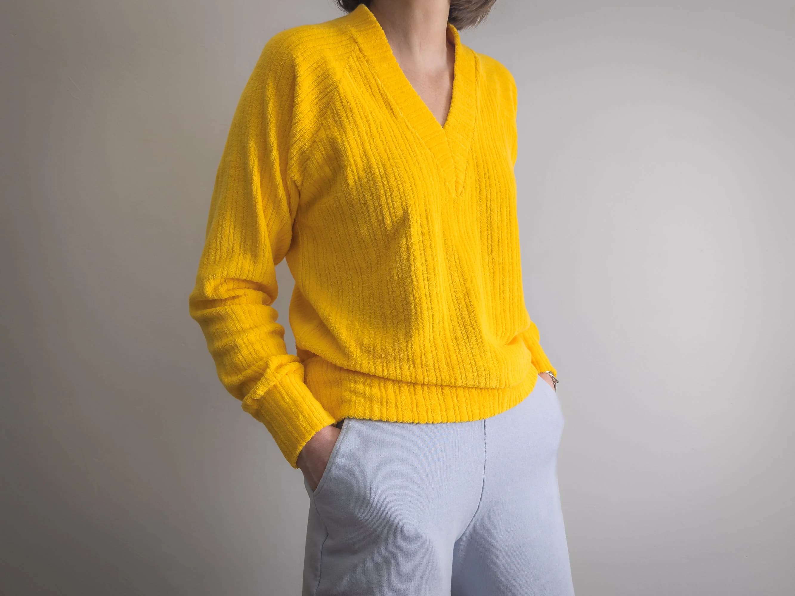 sporty terry pullover top vintage 1980s yolk yellow stretchy cotton and nylon blend rib knit terrycloth long sleeve loose top t-shirt shirt - image 3