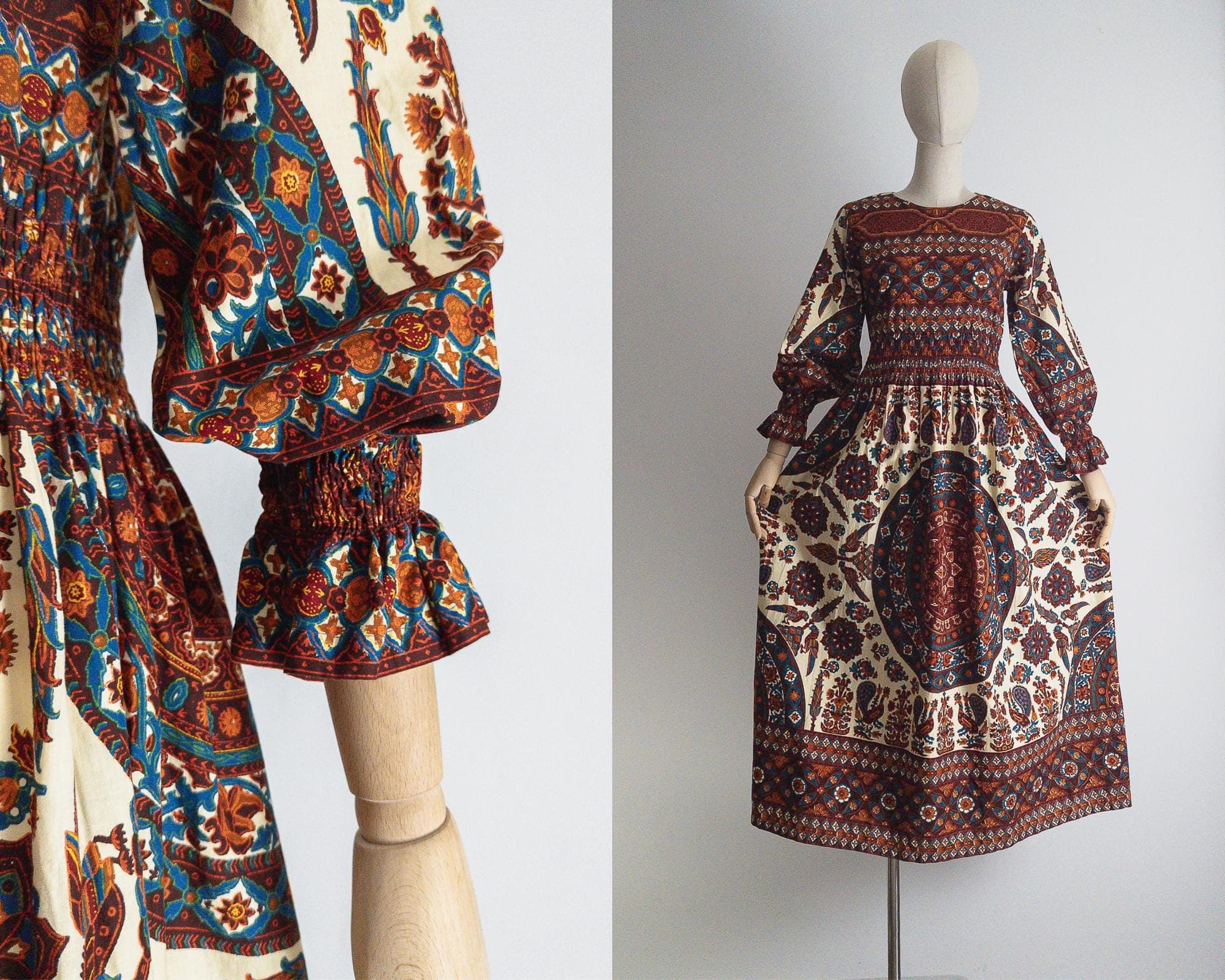 vintage ethnic cotton smocked boho dress tribal maxi - small