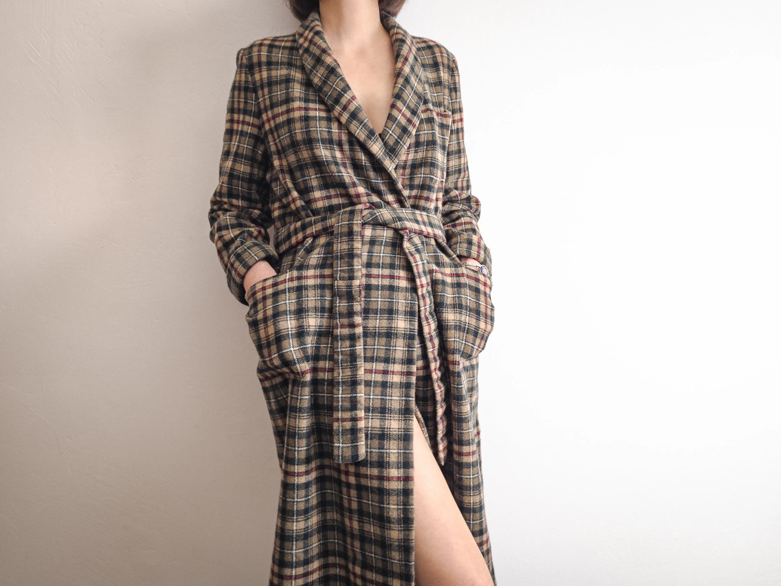 tartan wool belted dressing gown robe vintage - image 3