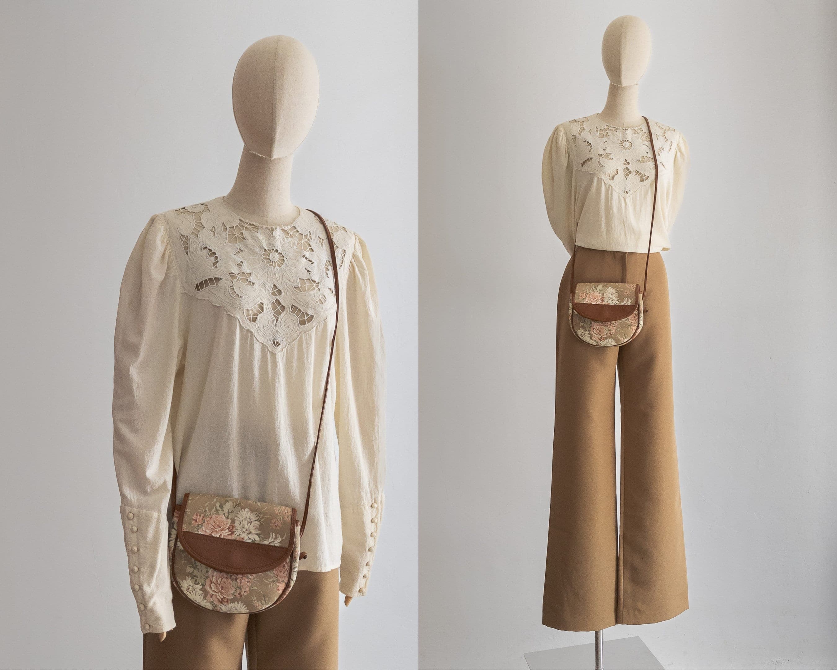 richelieu embroidery blouse poet sleeve creamy cutwork lace neckline blouse, unique blouse, bohemian lace top long sleeve, crochet buttons