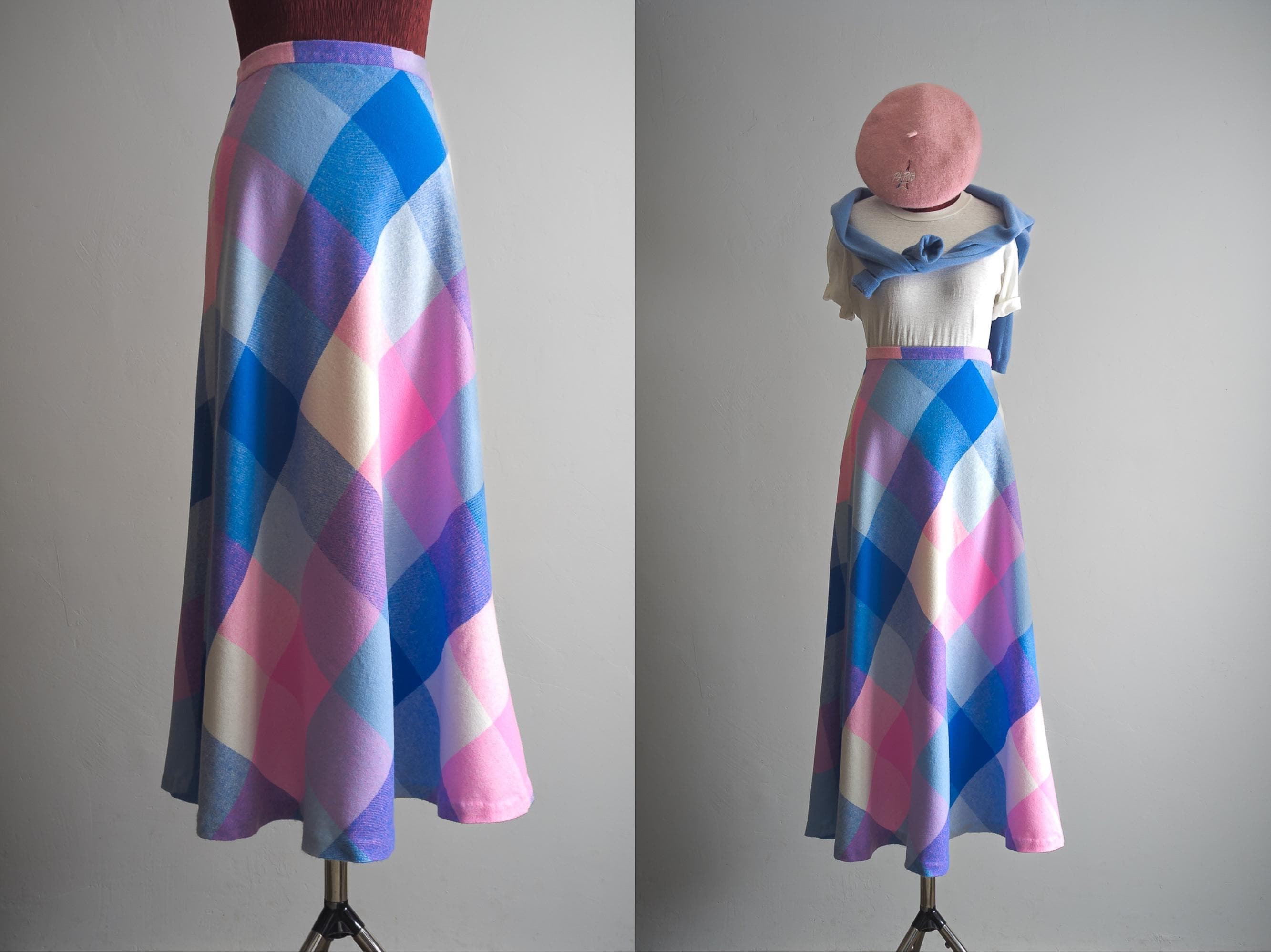 vintage groovy plaid maxi skirt—1970s long flared skirt—bold high waisted maxi skirt—hot pink/baby blue/white/lavender pink—acrylic—medium