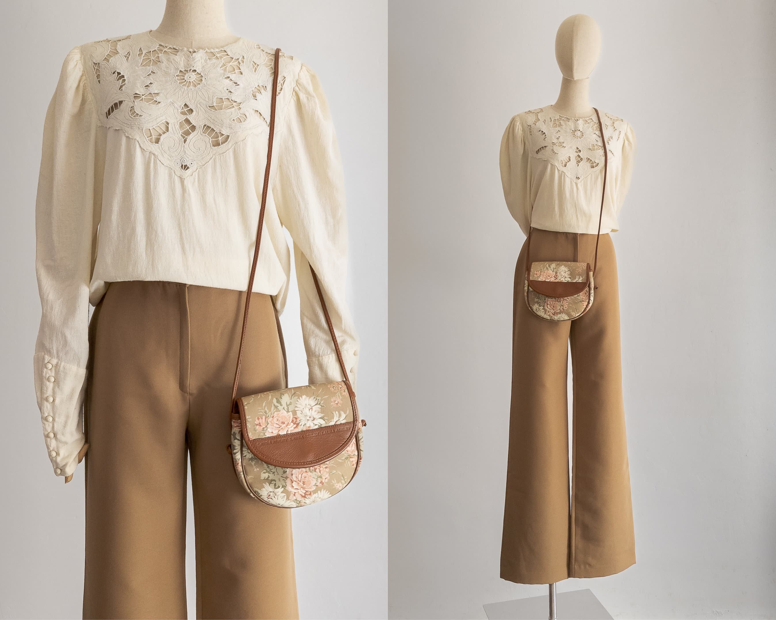 90s Laura Ashley bag cross-body purse canvas embossed leather trim, thin leather strap cross body bag purse, floral canvas purse with strap