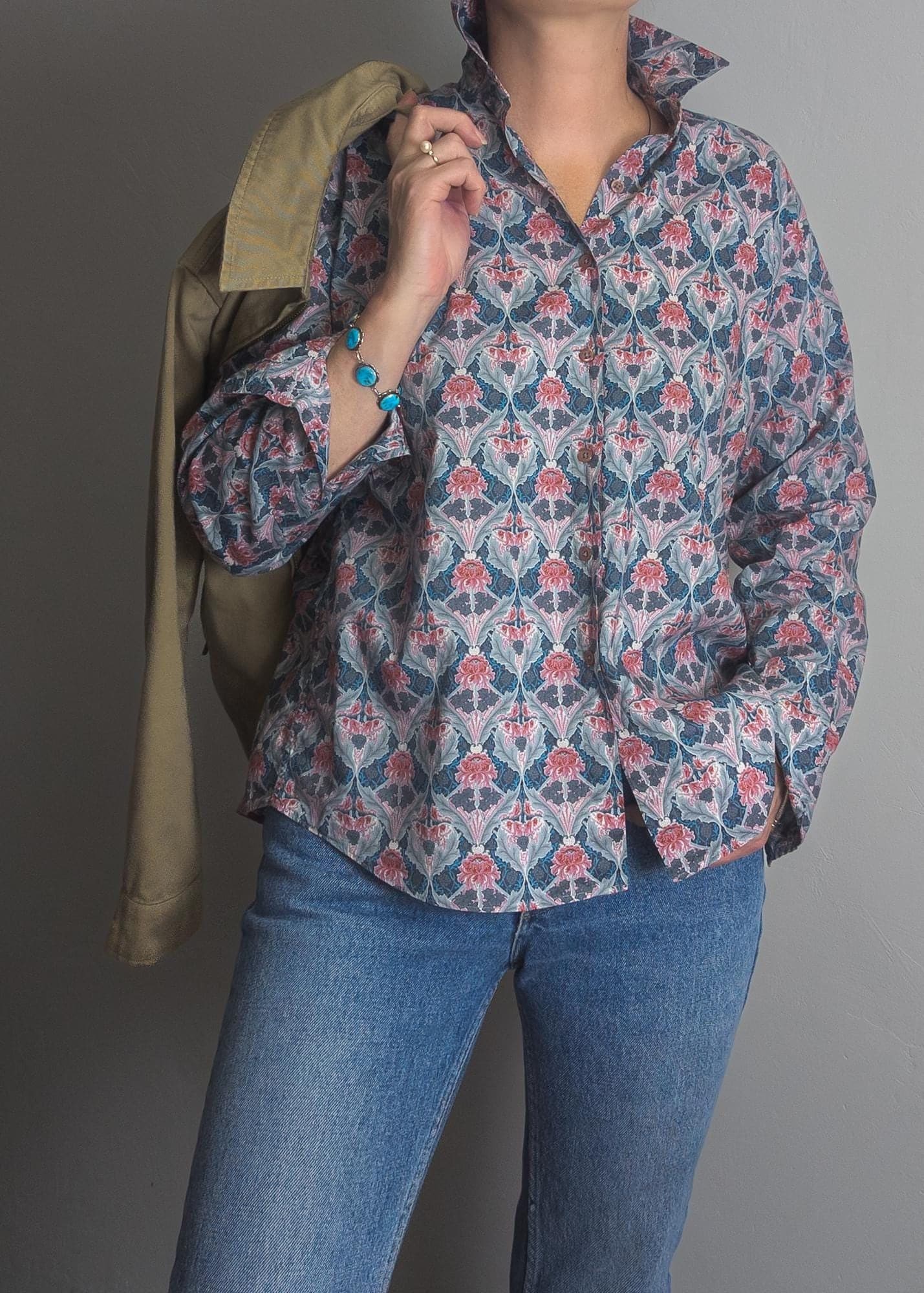 liberty cotton dress shirt women's button-front shirt ladies french blue/dusty mauve liberty fabric tana lawn cotton (xs/s)
