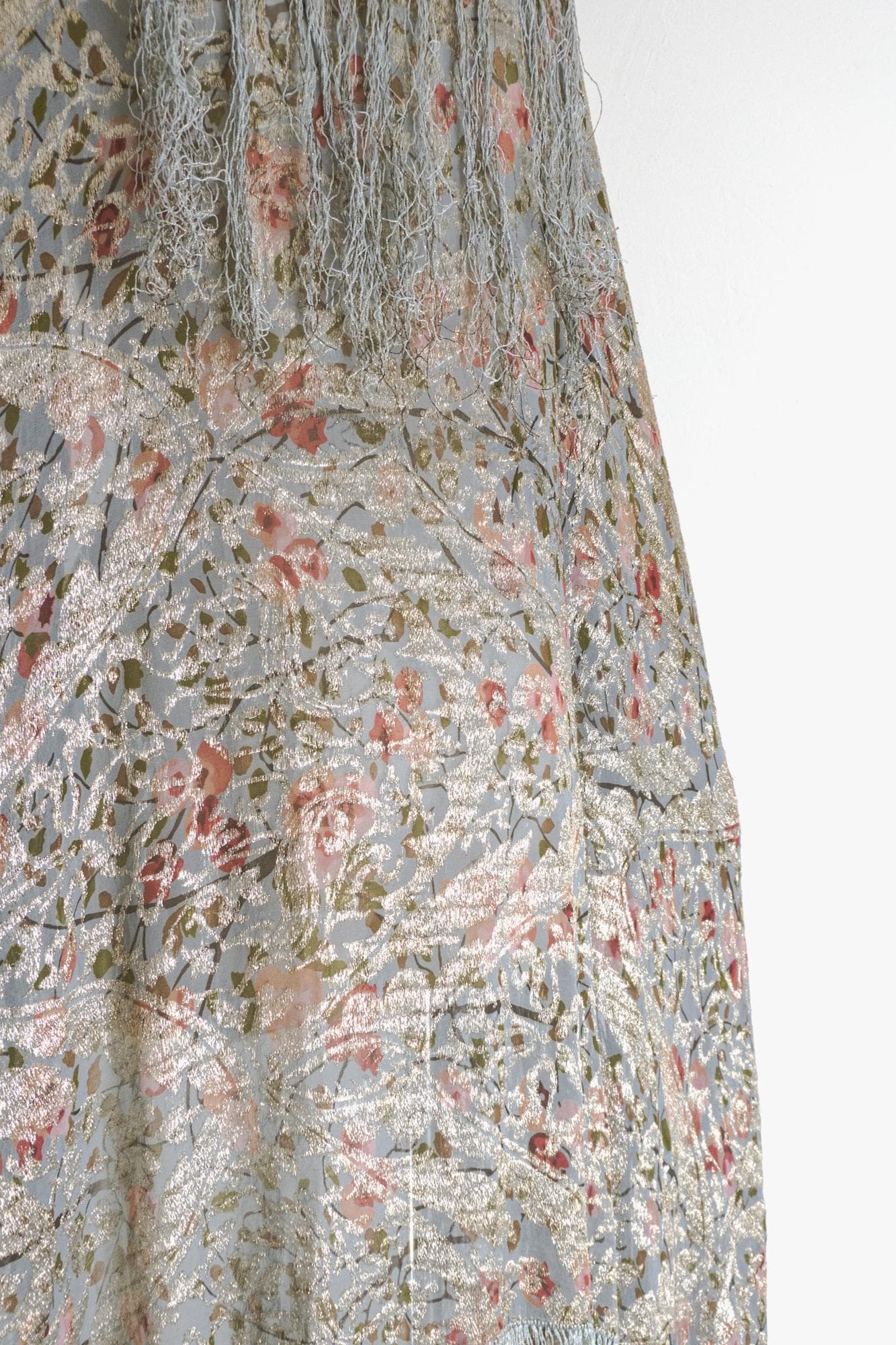 vintage dressy piano shawl wrap with botanical print, zari work, and long fringes - image 3