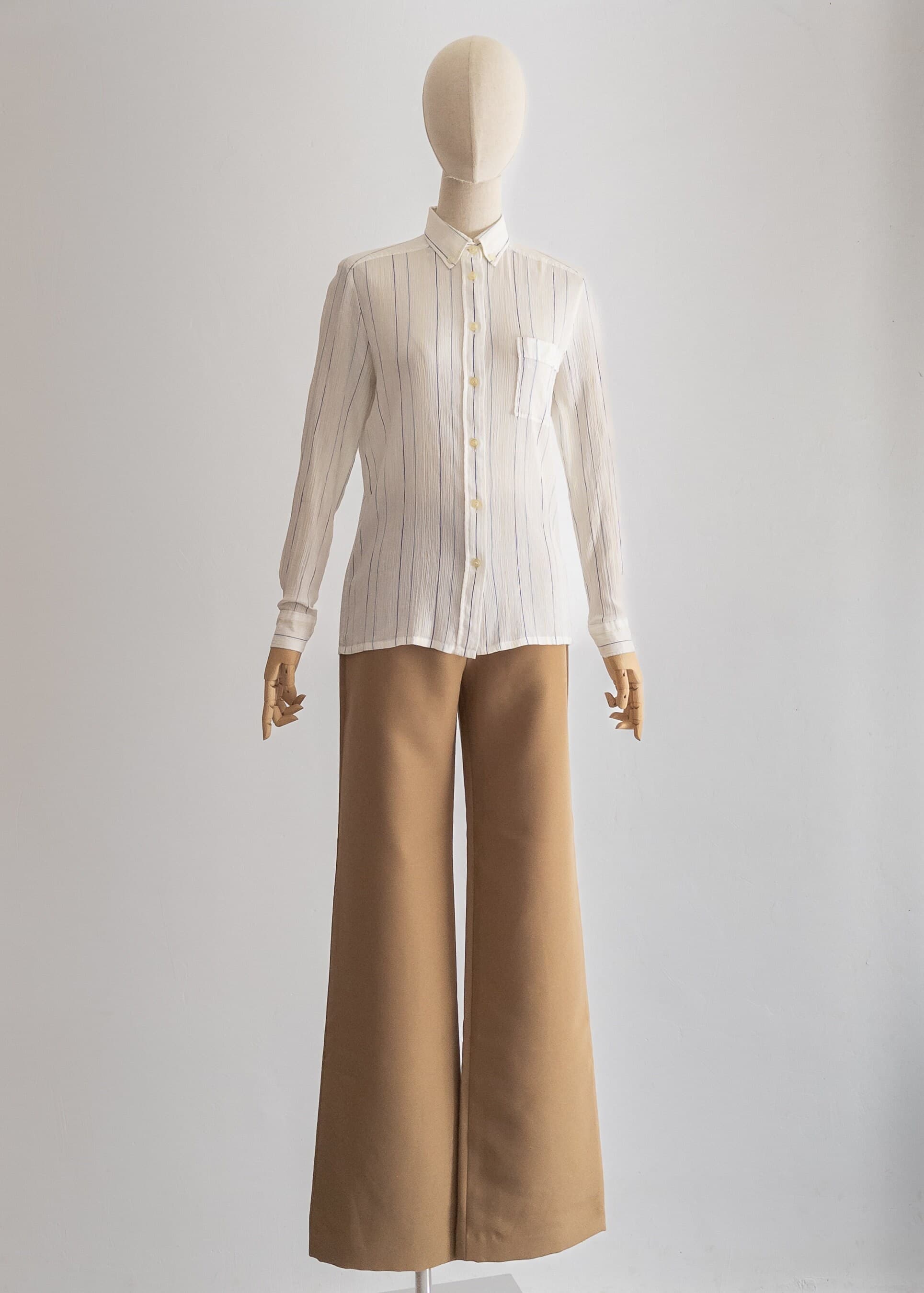 1970s Kitex slim fit shirt button-down collar, two-tone pinstripe white shirt, crinkle pure cotton voile, women's preppy style 60s 70s shirt - image 5