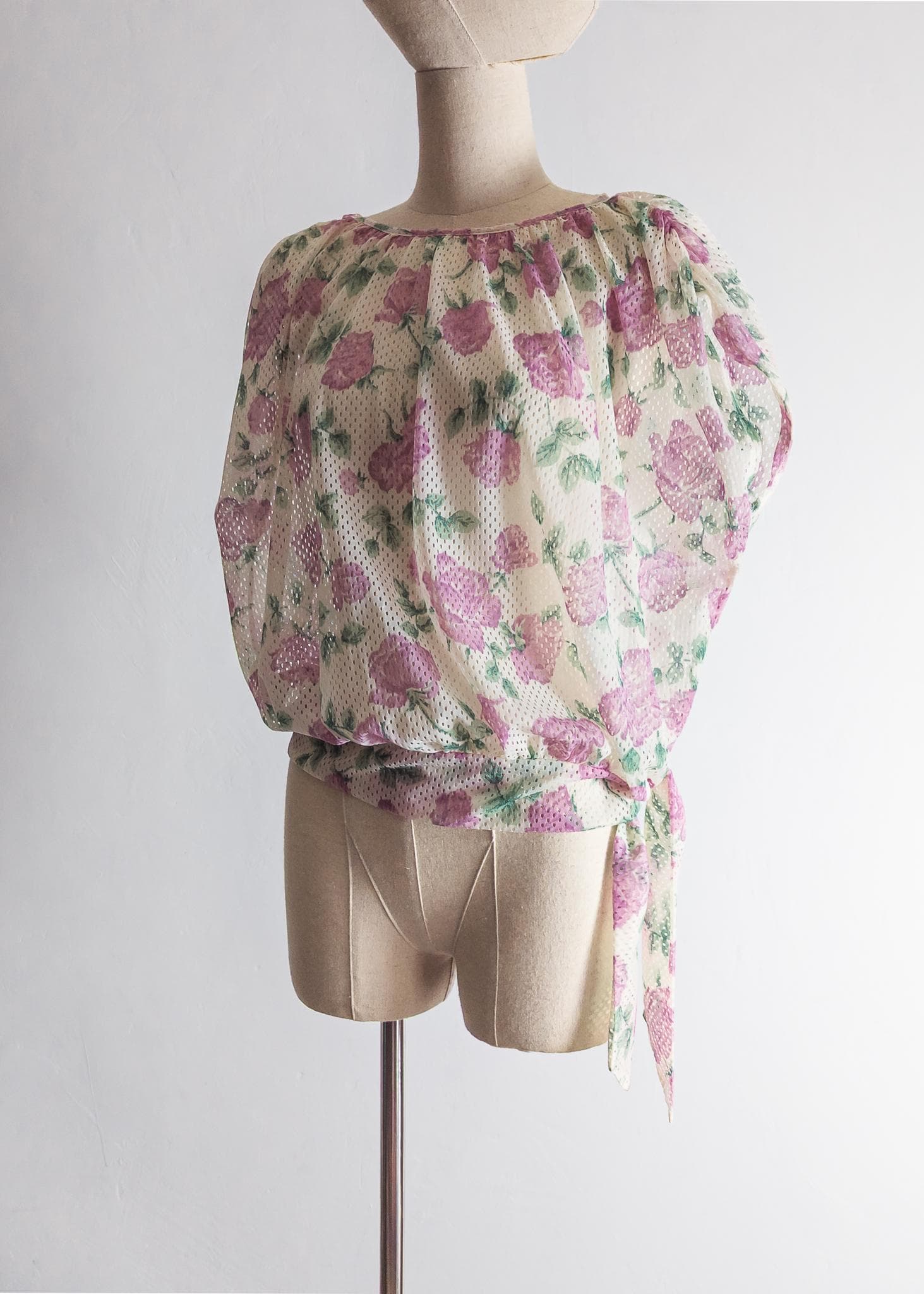 botanical mesh blouse - off-white/pale mauve/dusty teal green (s/m/l) - image 4