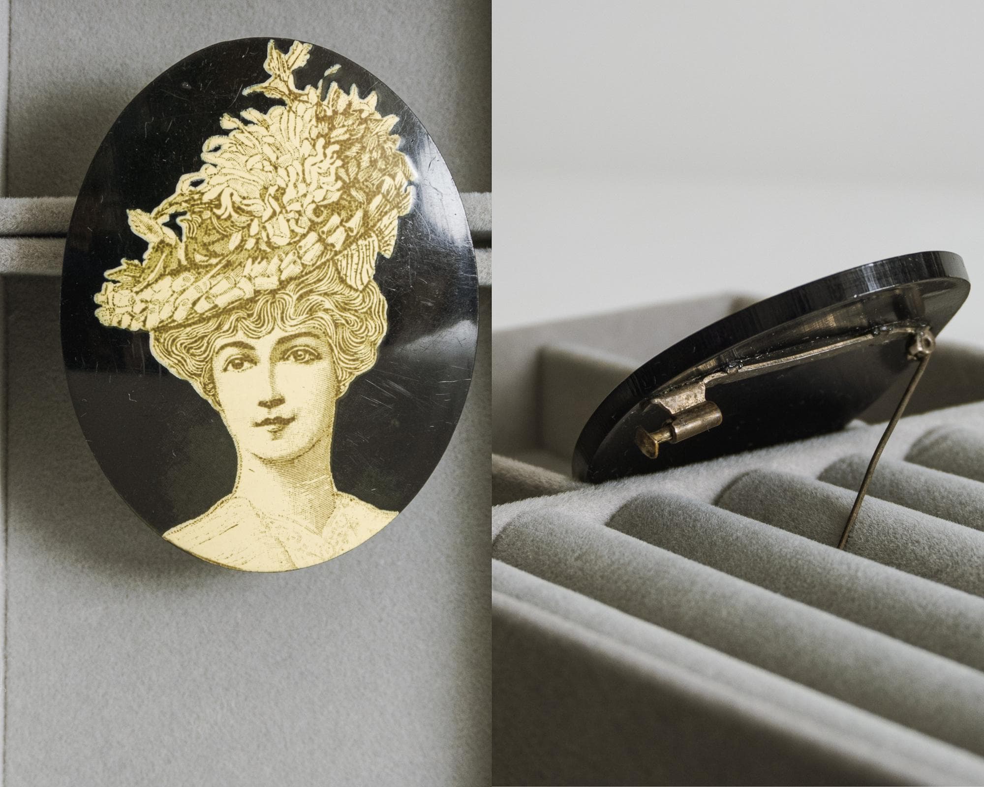 french art deco black brooch 1960s early lea stein serigraphy lady with hat oval type 1 pin, wearable art