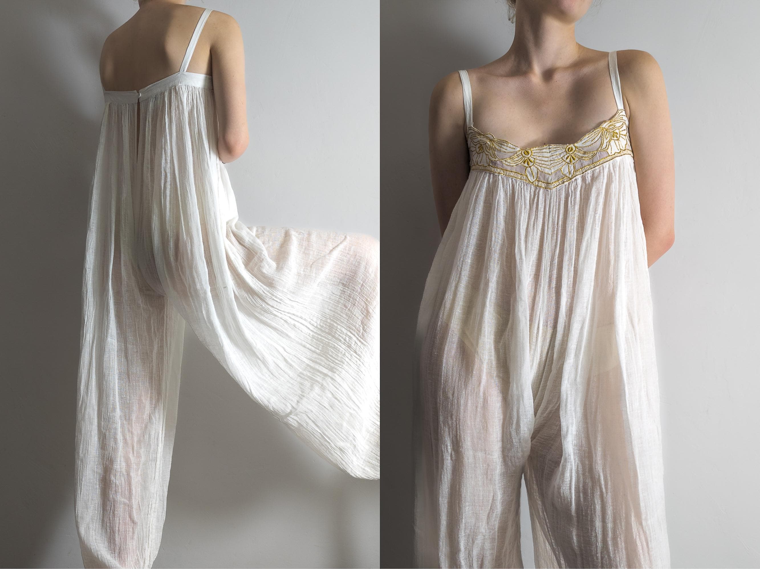 indian 60s boho white gauze jumpsuit w/gold embroidery by free look. spaghetti strap petite jumpsuit. harem pants semisheer jumpsuit xs/s