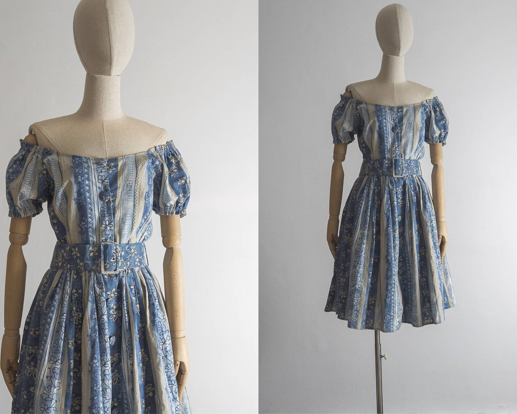 French blue short petticoat dress vintage Camaieu off-the-shoulder puffy short sleeve fluffy floral mini skater dress neutral blue and tan