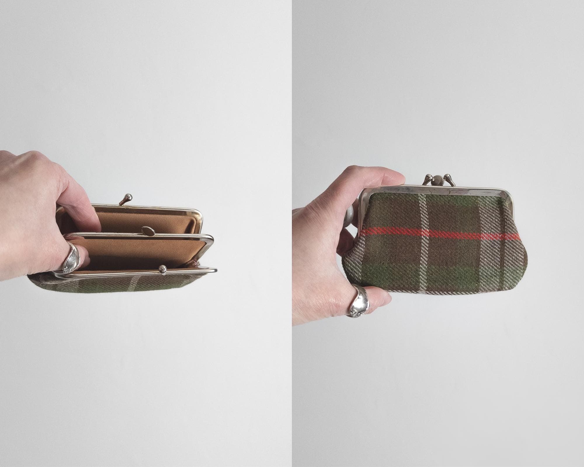 1960s mod countryside plaid coin purse double kiss-lock frame vintage change purse