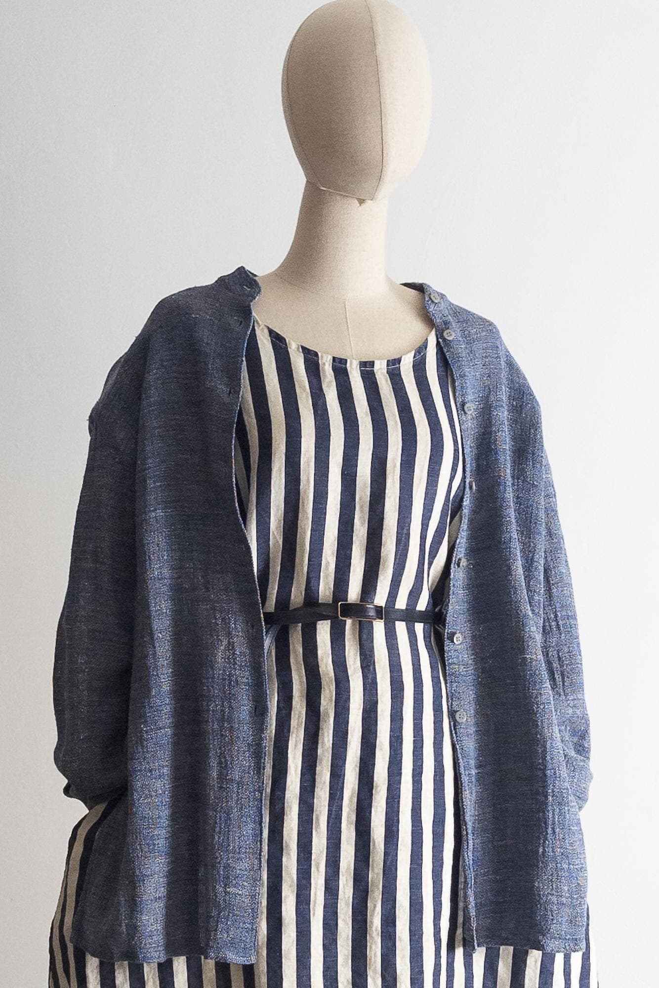 linen blend tunic button up duster vintage - chambray blue - small/medium - image 3