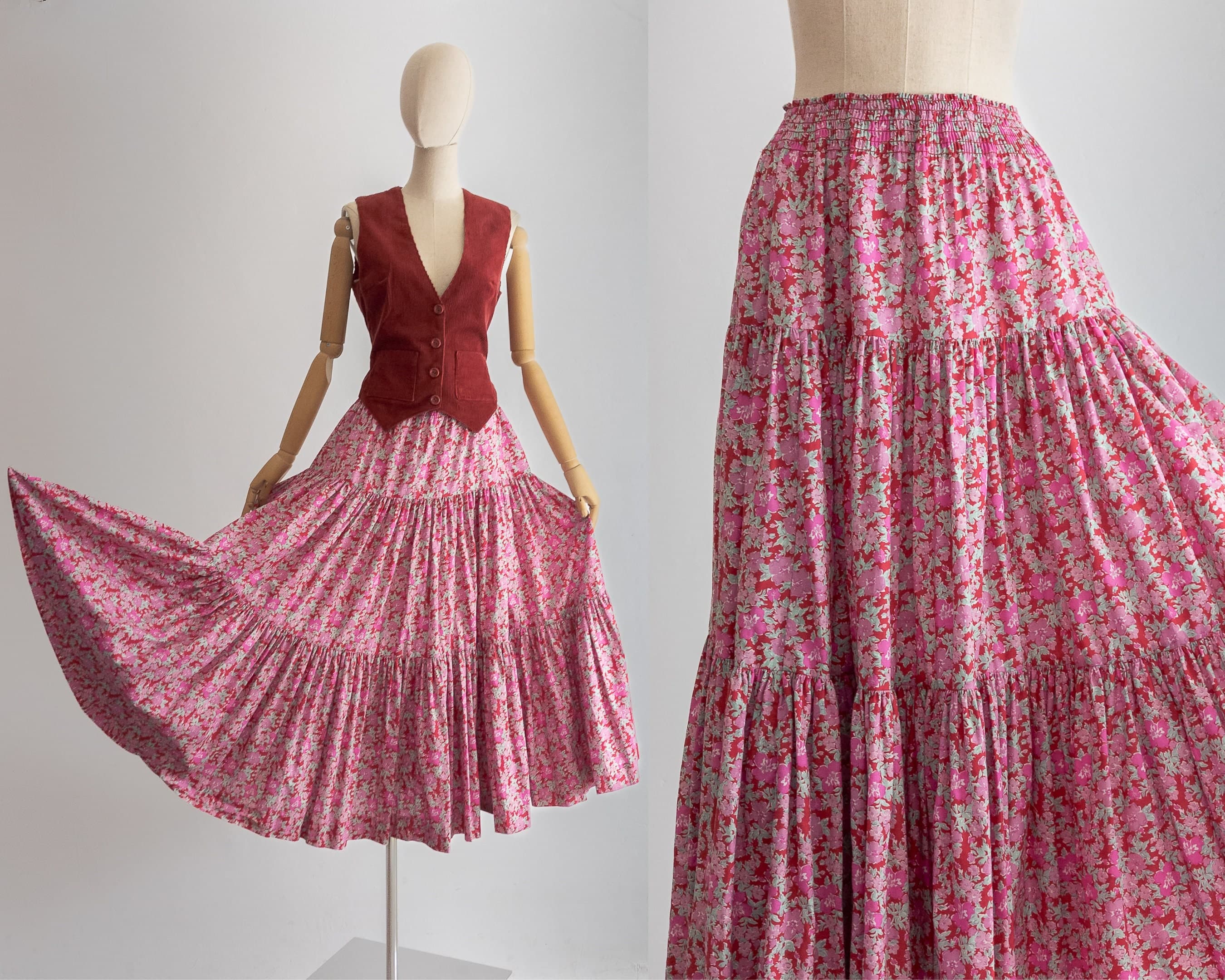 late 1980s Laura Ashley floral skirt tiered full midi in cute mauve pink ditsy floral on the burgundy background, smocked elastic waistband