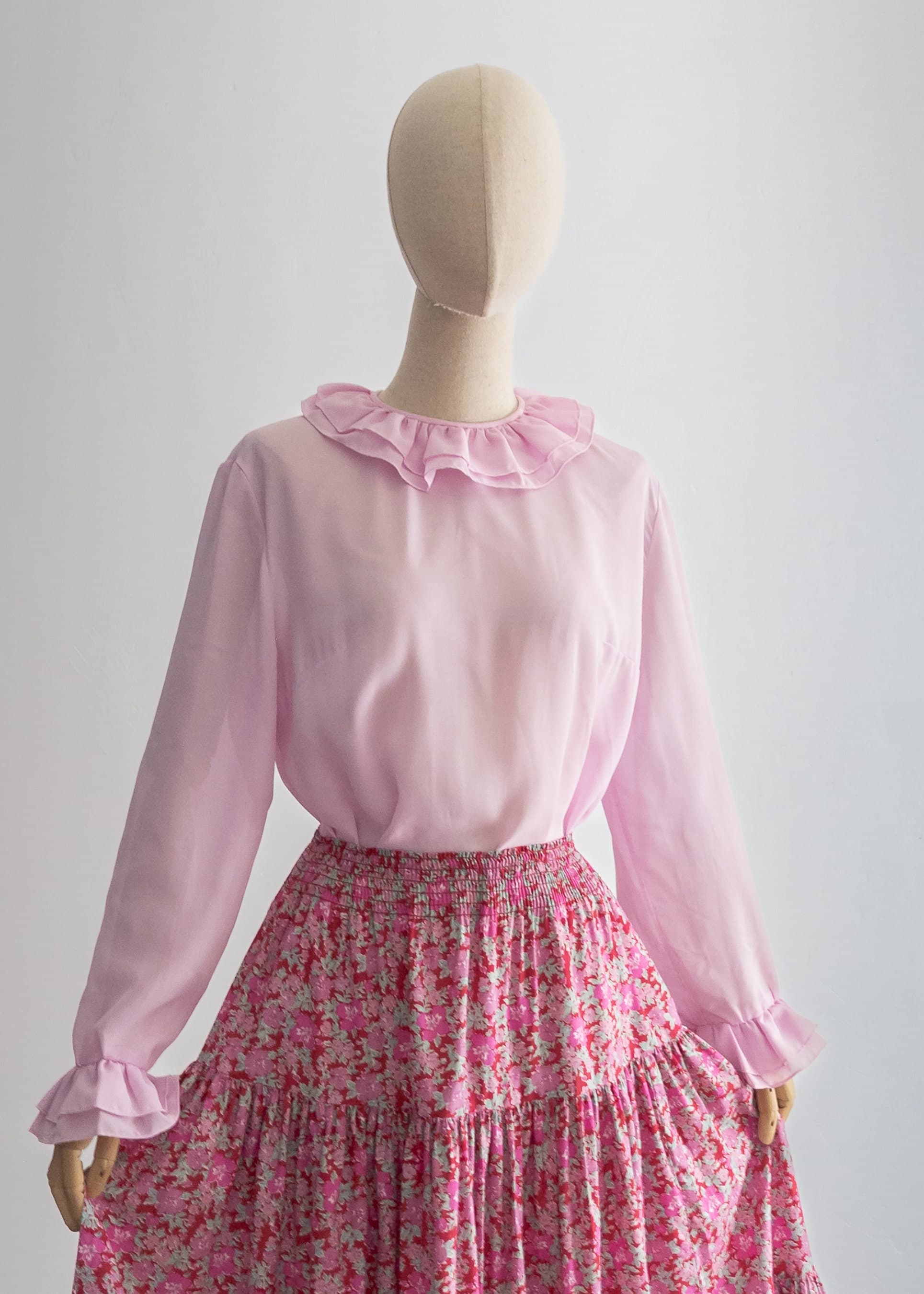 1960s blouse pierrot collar pink lilac top long sleeve double ruffle cuffs and flat collar keyhole back, solid pink semi sheer fabric - image 3