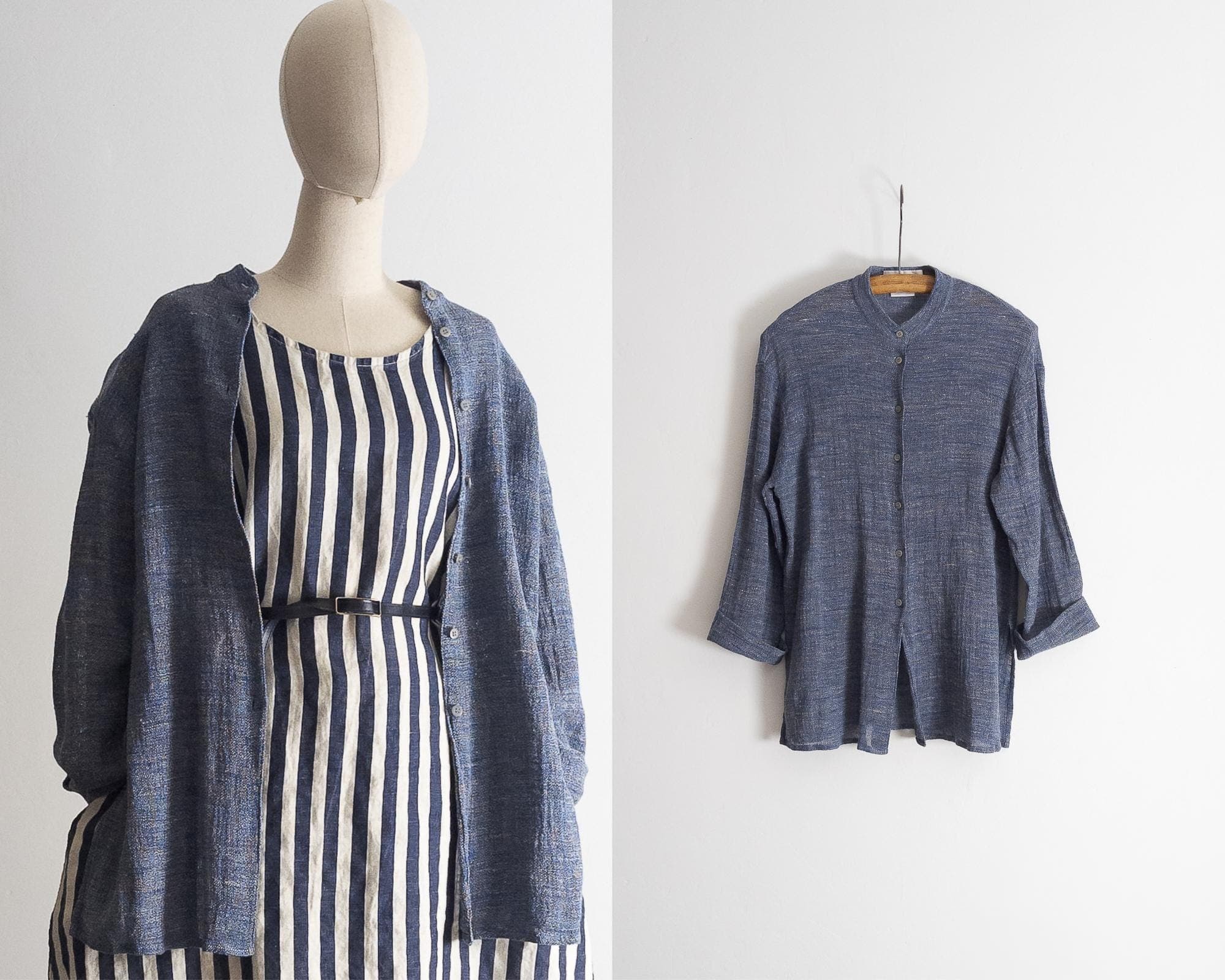 linen blend tunic button up duster vintage - chambray blue - small/medium
