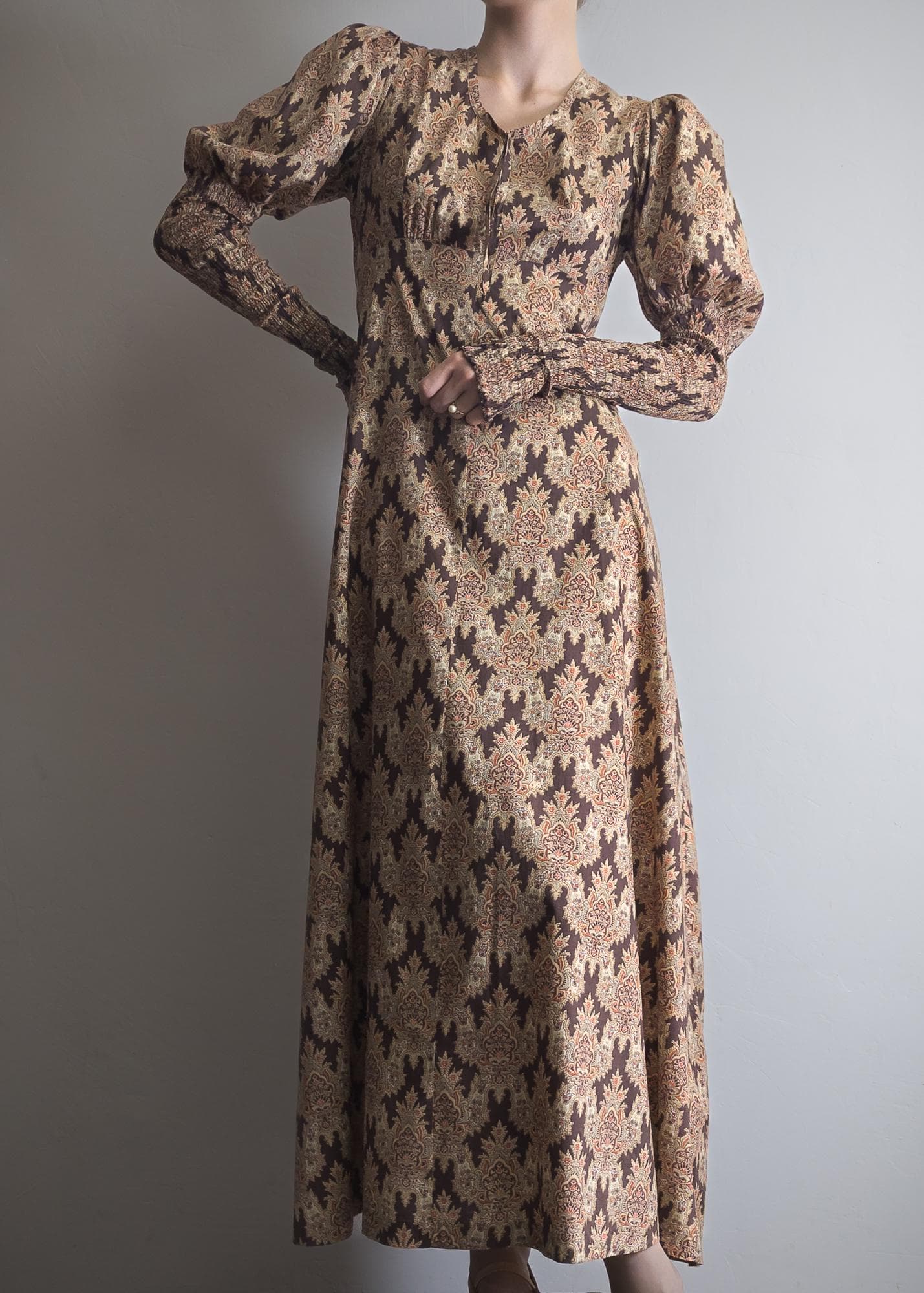 juliet smocked sleeve prairie dress liberty of london cotton 1960s 70s bluestocking by beth brett earthy tone renaissance empire maxi dress - image 4