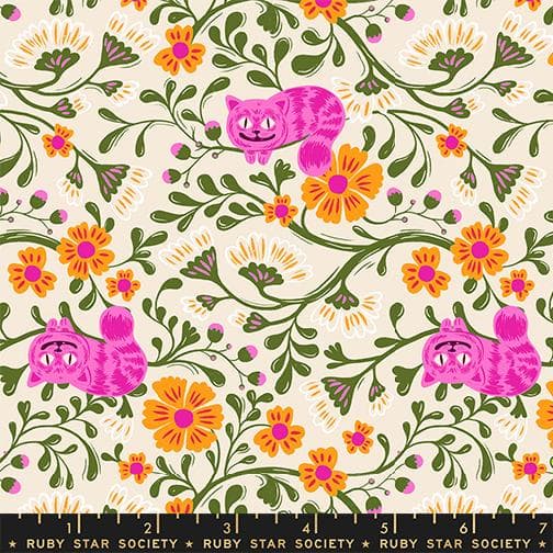 Hello Alice by Sarah Watts for Ruby Star Society - Cheshire SHELL - Pink Cats in Flowers on Cream/White - RS212311 - Half Yard Increments - image 3
