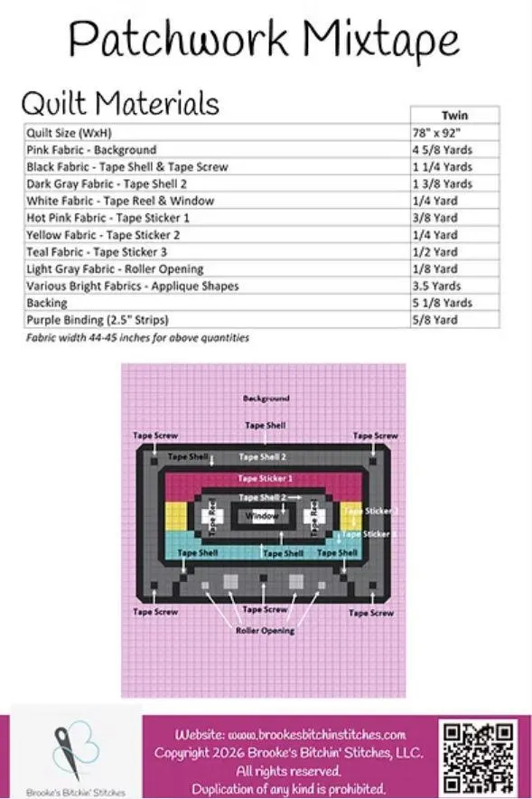 Patchwork Mixtape Quilt Pattern by Brooke's Bitchin' Stitches - Pixelated - 1980's Cassette Tape - Makes 78" x 92" Quilt - Pattern ONLY - image 3