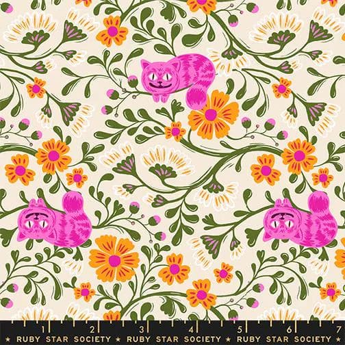 Hello Alice by Sarah Watts for Ruby Star Society - Cheshire SHELL - Pink Cats in Flowers on Cream/White - RS212311 - Half Yard Increments - image 2