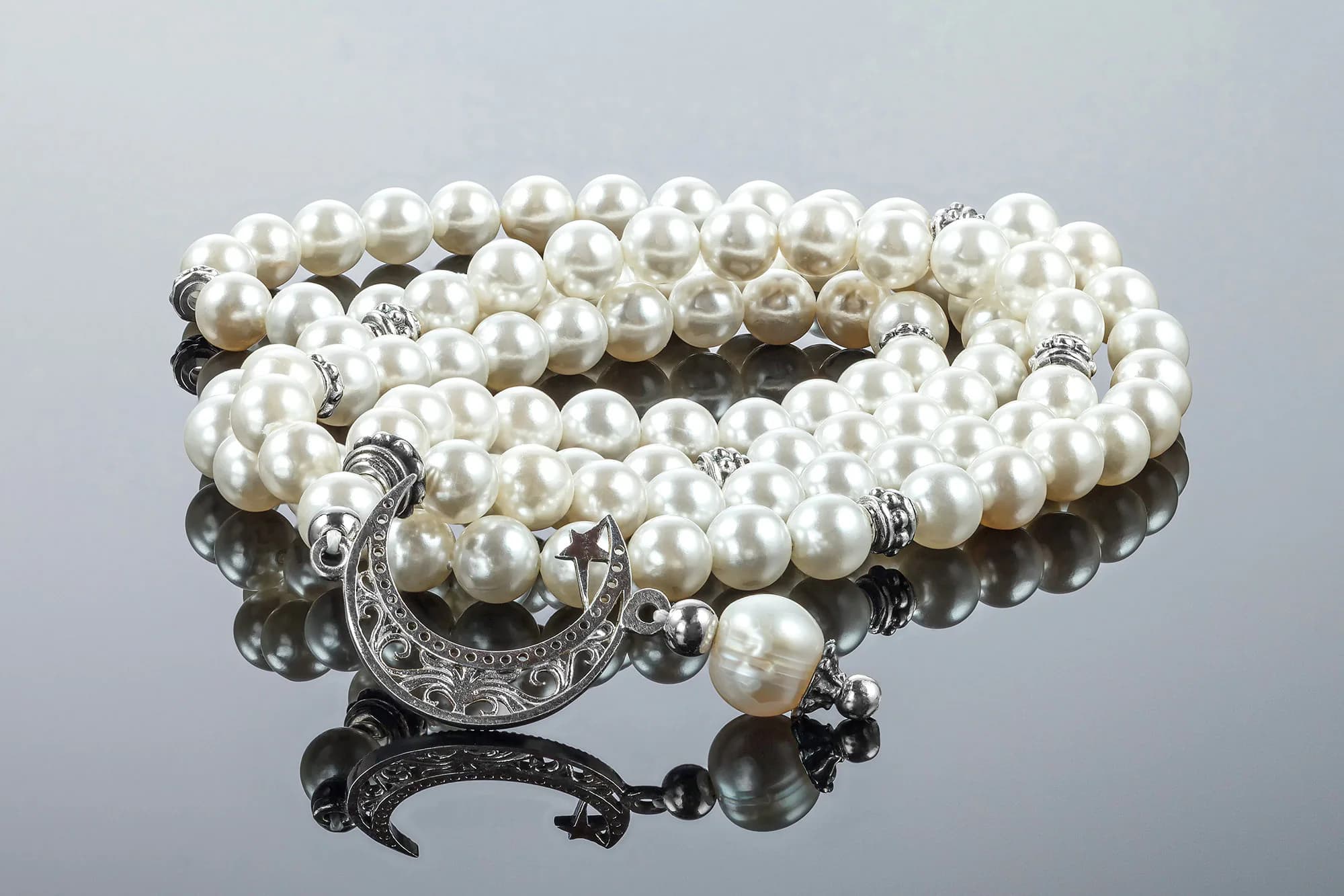 Islamic Prayer Beads with Pearl Like Beads and Crescent Moon Charm, Elegant Tasbih for Muslim Women, Ramadan or Eid Gift and Jewelry - image 3