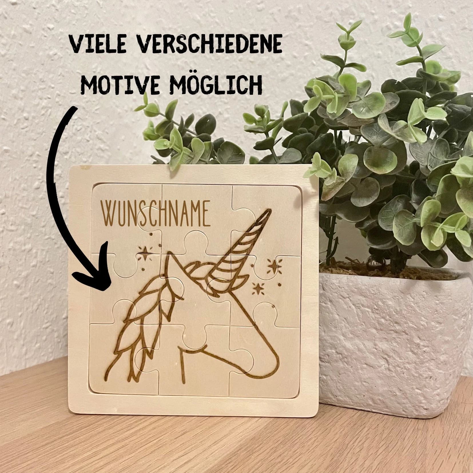 Personalisiertes Puzzle mit Name graviert - Geschenk für Kinder - Mädchen und Jungen - deko Kinderzimmer - Einhorn Regenbogen Dino bemalen