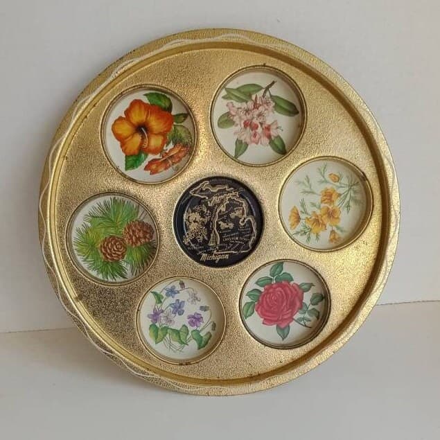 Floral Michigan Divided Tray for Glassware/MCM/Metal Tray/ Botanical Souvenir Tray/Gold Flowered Tray/Drinkware/Barware - image 3