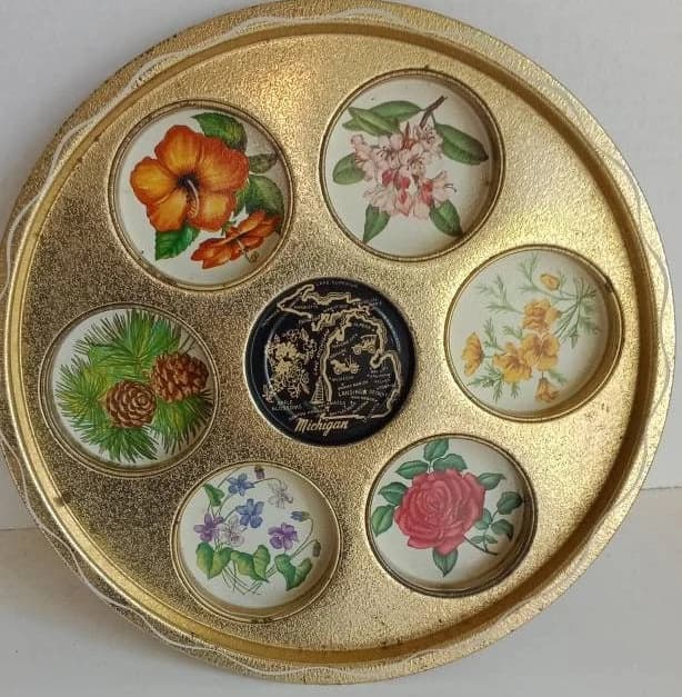 Floral Michigan Divided Tray for Glassware/MCM/Metal Tray/ Botanical Souvenir Tray/Gold Flowered Tray/Drinkware/Barware - image 4