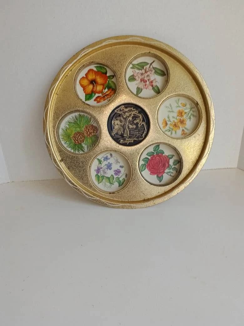 Floral Michigan Divided Tray for Glassware/MCM/Metal Tray/ Botanical Souvenir Tray/Gold Flowered Tray/Drinkware/Barware