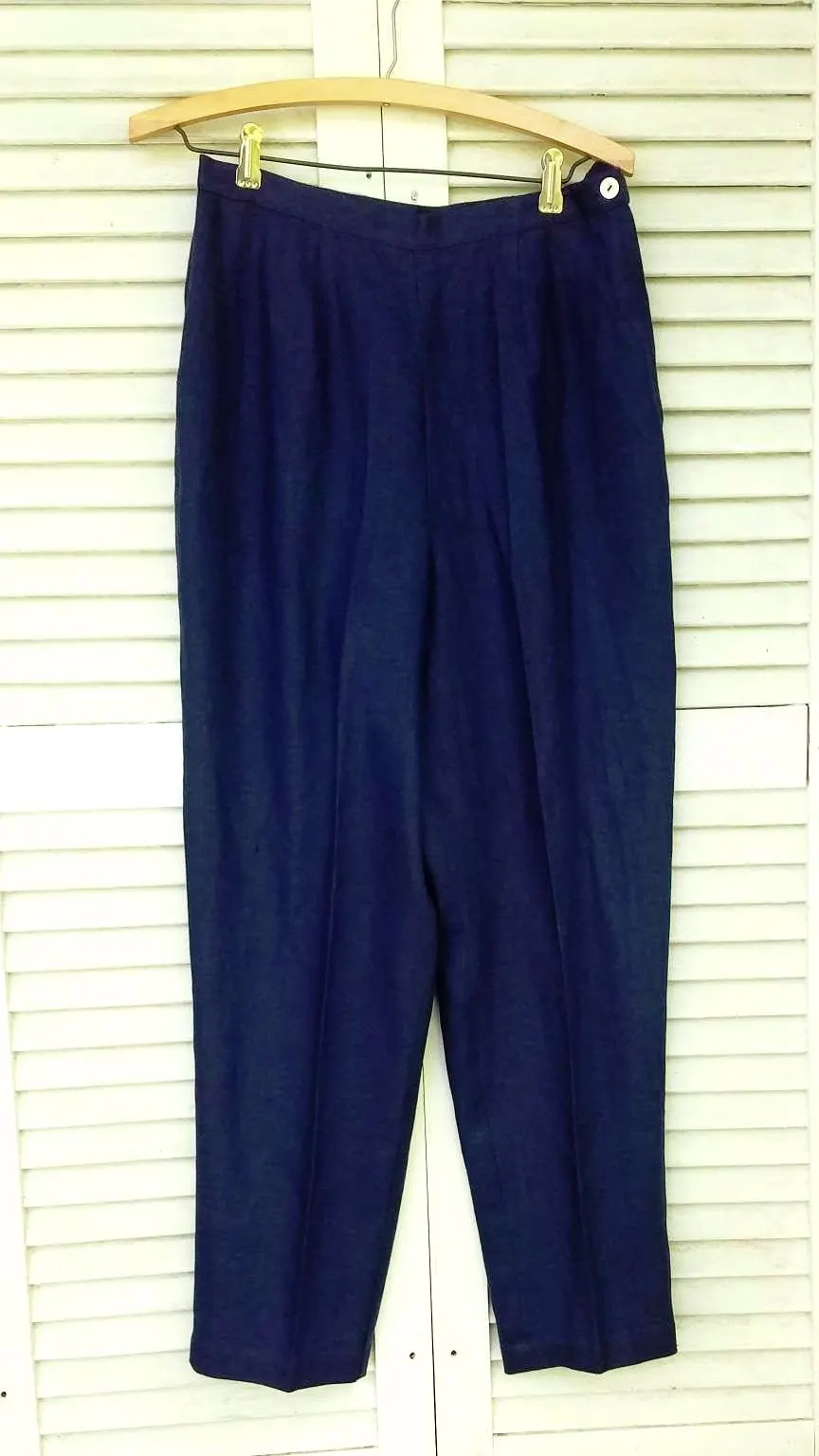 NOS/Navy Linen High Waist Trousers/ Pants/Slacks/Melrose/14Petite
