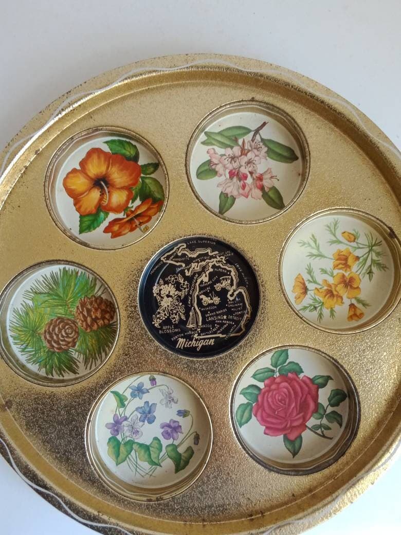 Floral Michigan Divided Tray for Glassware/MCM/Metal Tray/ Botanical Souvenir Tray/Gold Flowered Tray/Drinkware/Barware - image 5