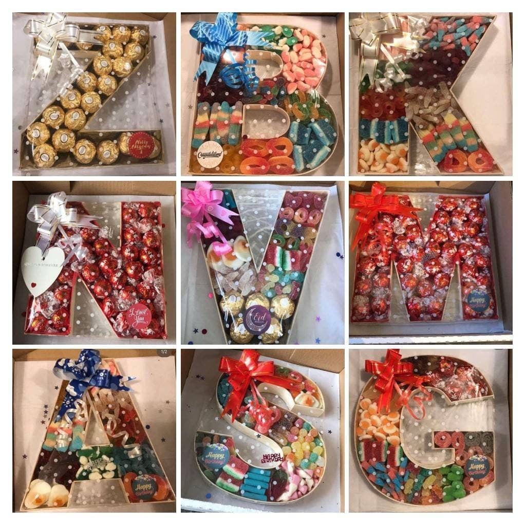 Delicious SWEET FILLED Letters, Pick&Mix, 20-22cm, cellophane wrapped, ( ribbon/bow) wooden keepsake, made to order,Halal.