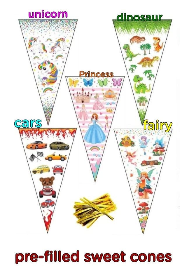 Delicious Pre-Filled Themed Sweet Cones , Random Quality Sweets, Made to order (Halal) UK only, (unicorn/princess/fairy/cars/dinosaurs)