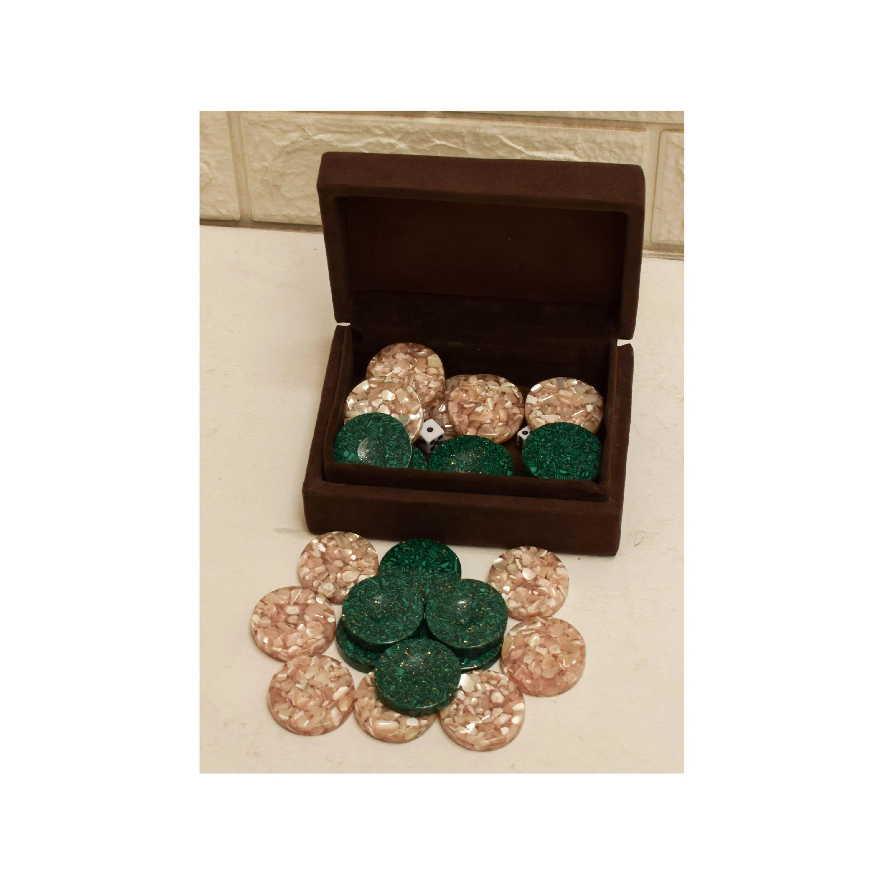 Handmade Mother of Pearl & Malachite Backgammon Chips - Gift Boxed