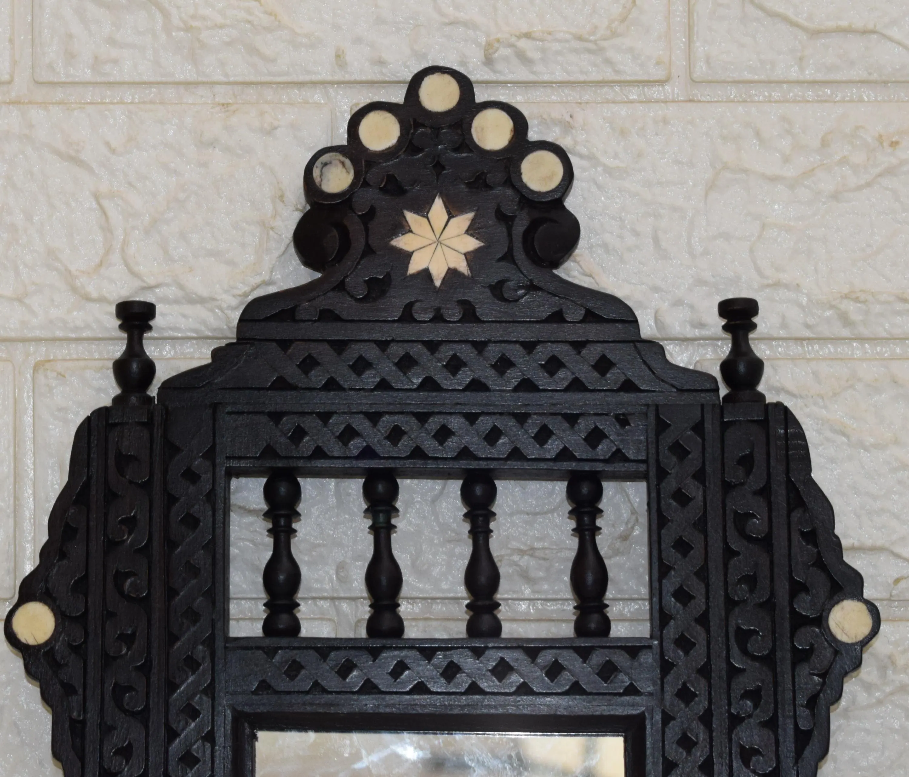 Hand Carved Wooden Mirror Frame – Moroccan Mashrabiya Style, Brown Handmade Wall Mirror 18.5" × 10" - image 2