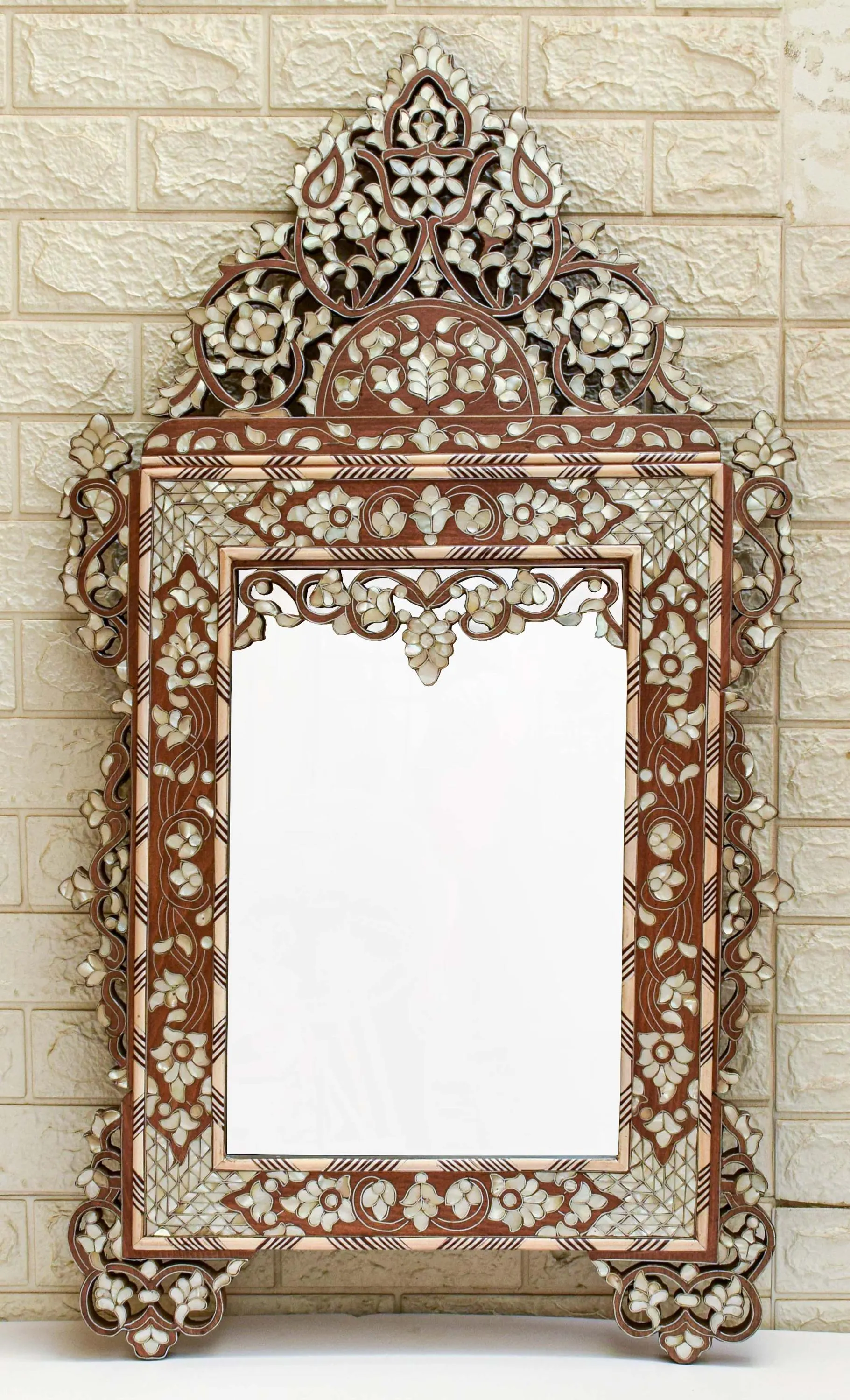 Hand Carved Syrian Mother of Pearl Mirror Frame, Floral Inlay, Middle Eastern Decor (40") - image 3