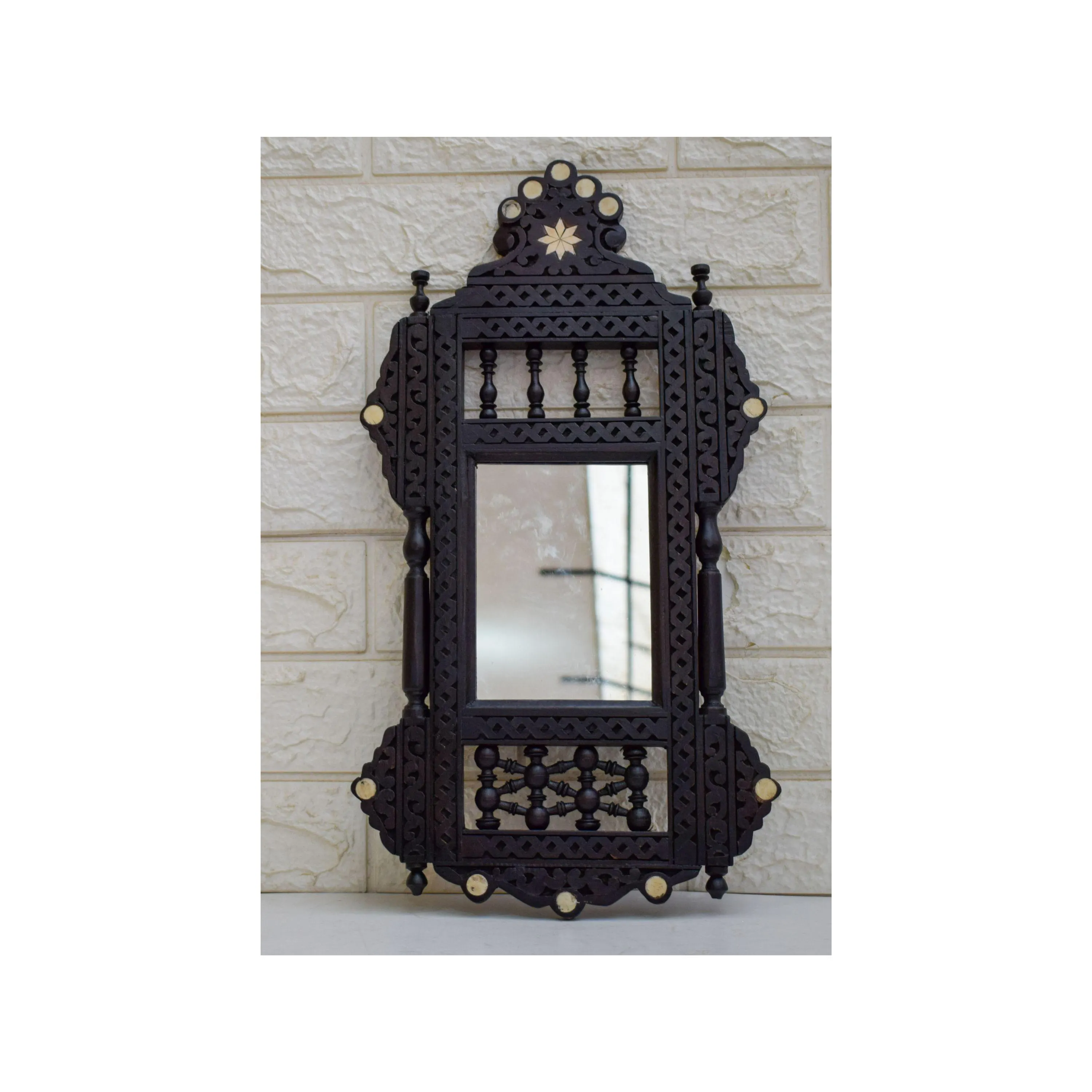 Hand Carved Wooden Mirror Frame – Moroccan Mashrabiya Style, Brown Handmade Wall Mirror 18.5" × 10"