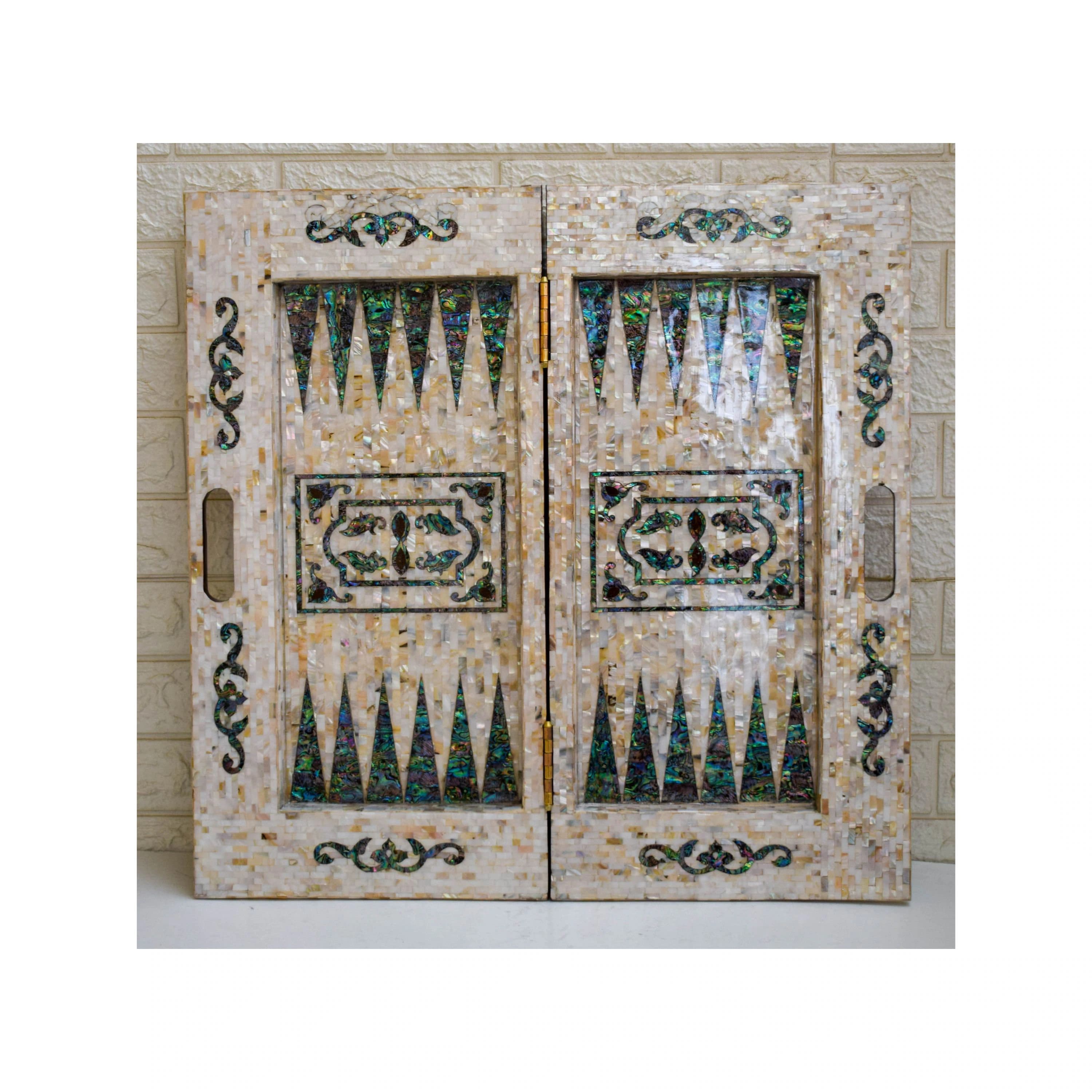 Handmade Mother of Pearl Inlay Backgammon Chess Board - Egyptian Mosaic Art (25.5")