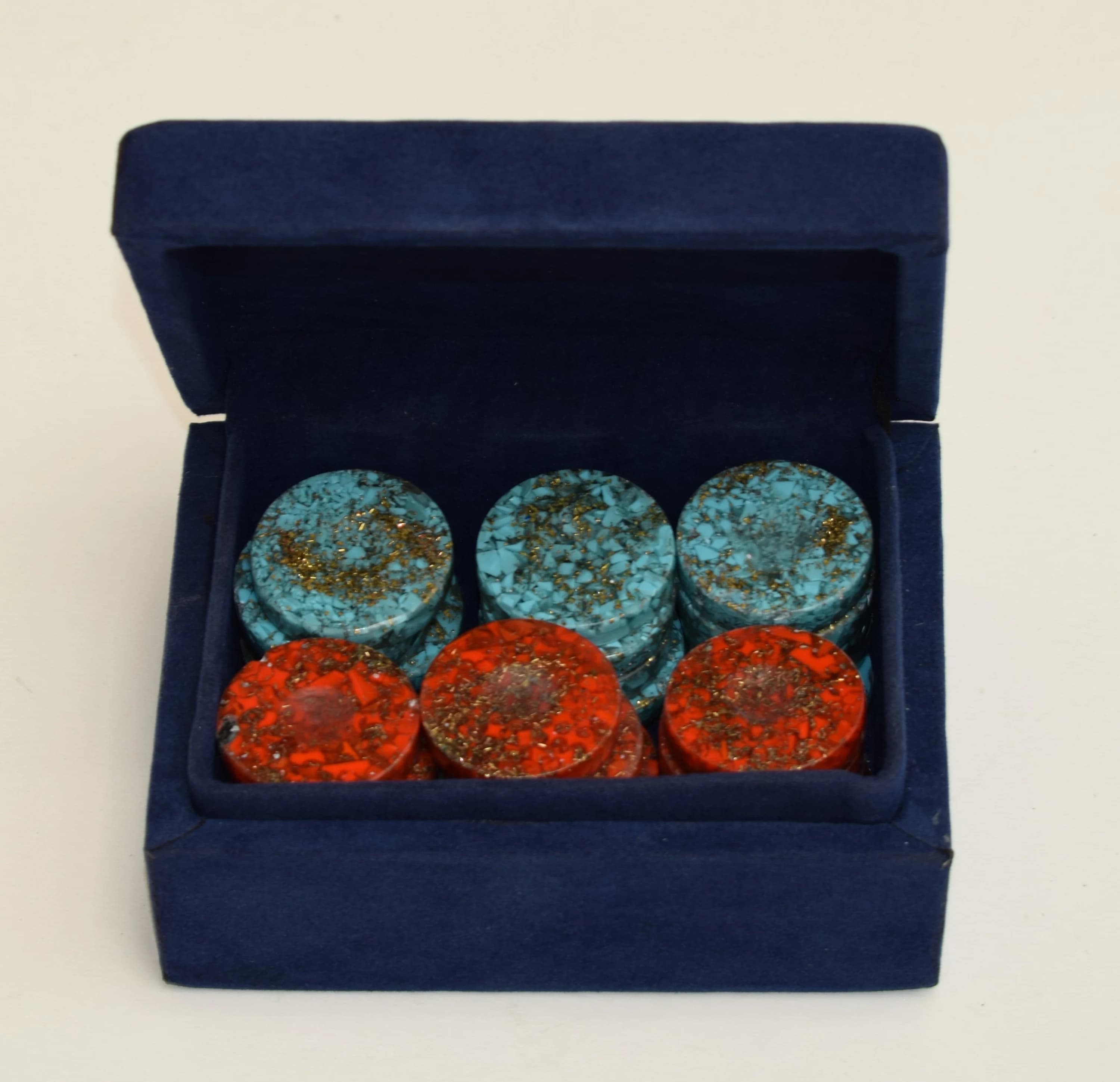 Handmade Turquoise & Red Coral Backgammon Chips Set in Gift Box